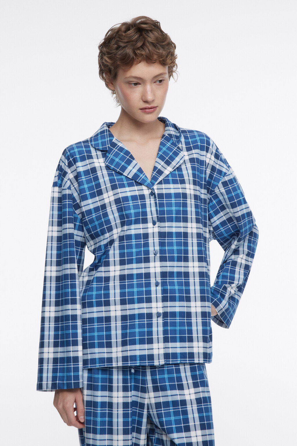 Рубашка oversize домашняя в клетку - цвет синий - 1