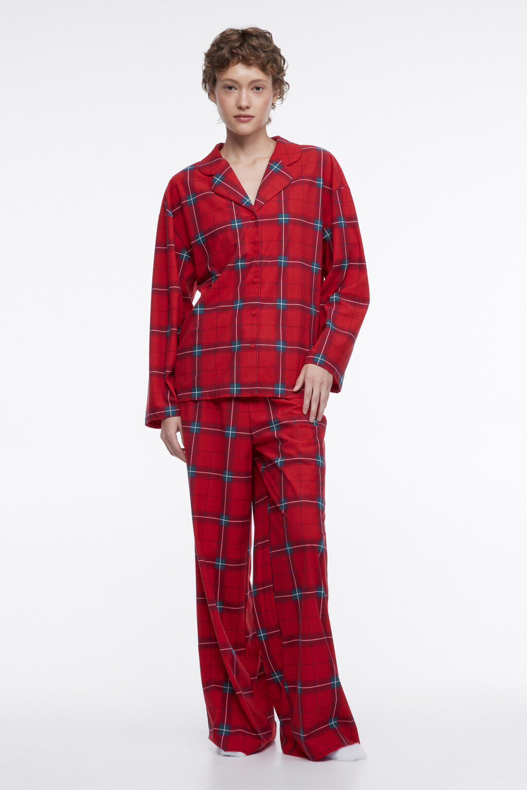 Рубашка oversize домашняя в клетку - цвет красный - 5