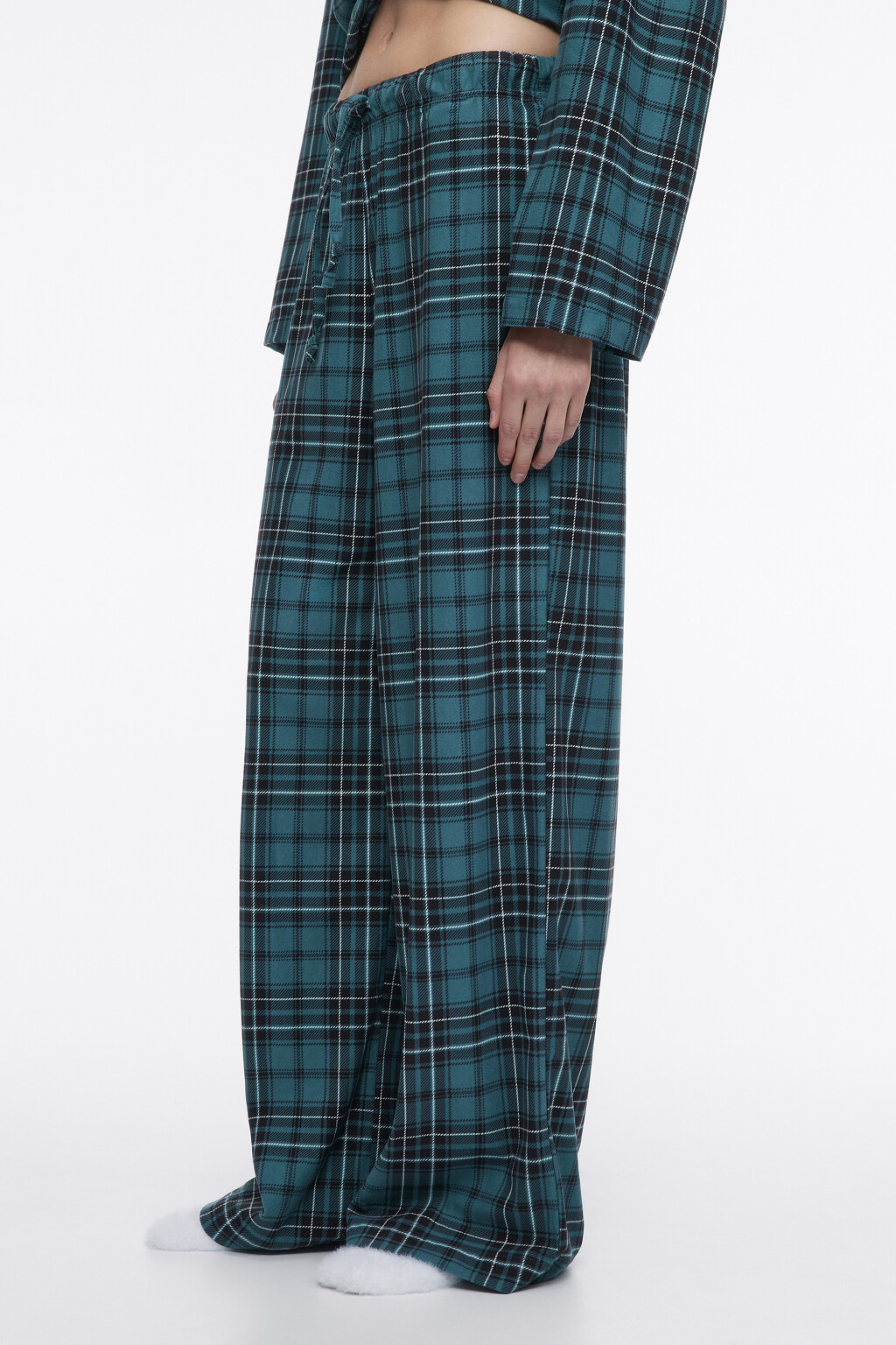 Брюки домашние широкие в клетку - цвет зеленый - 2