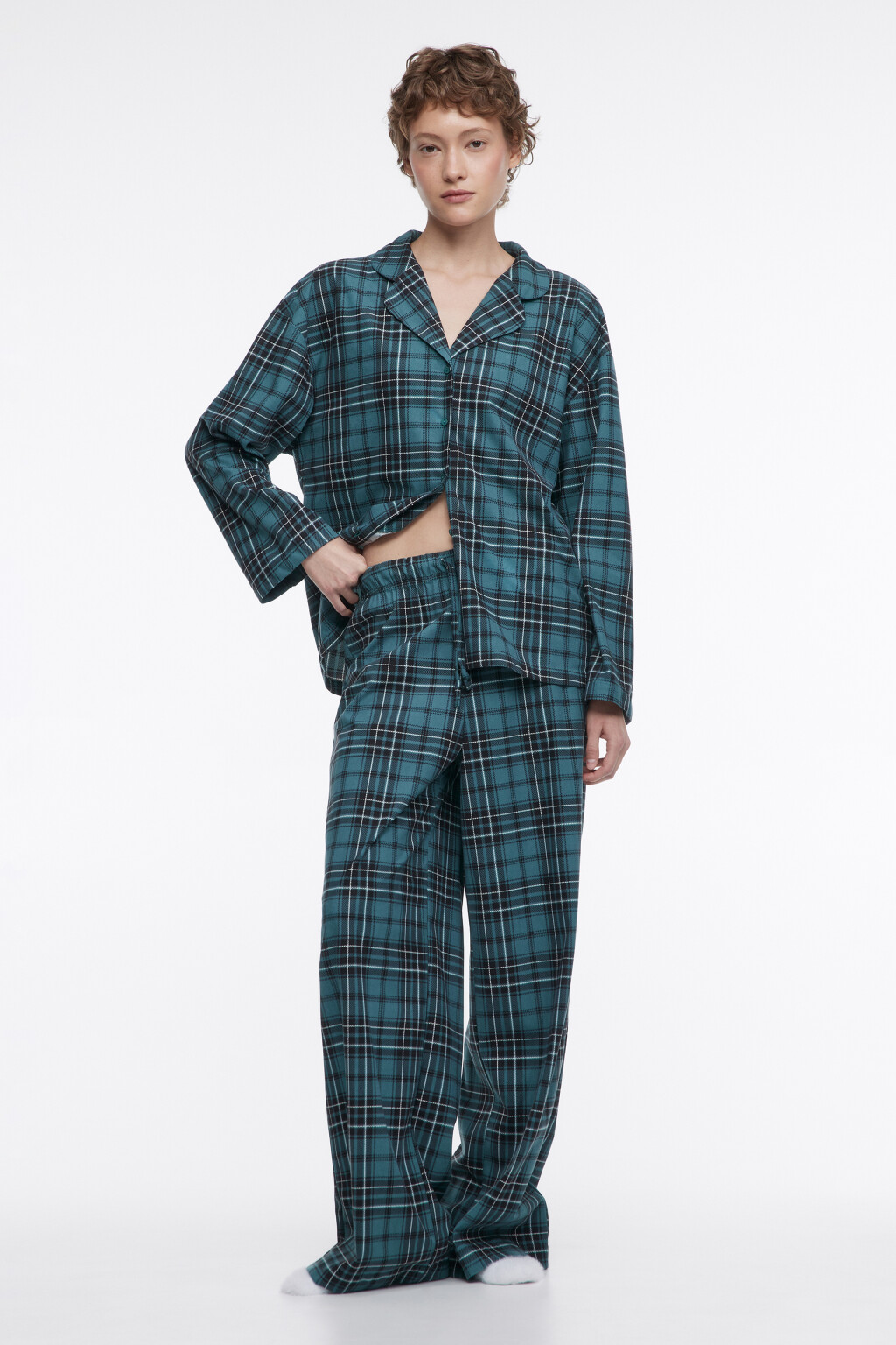 Брюки домашние широкие в клетку - цвет зеленый - 4