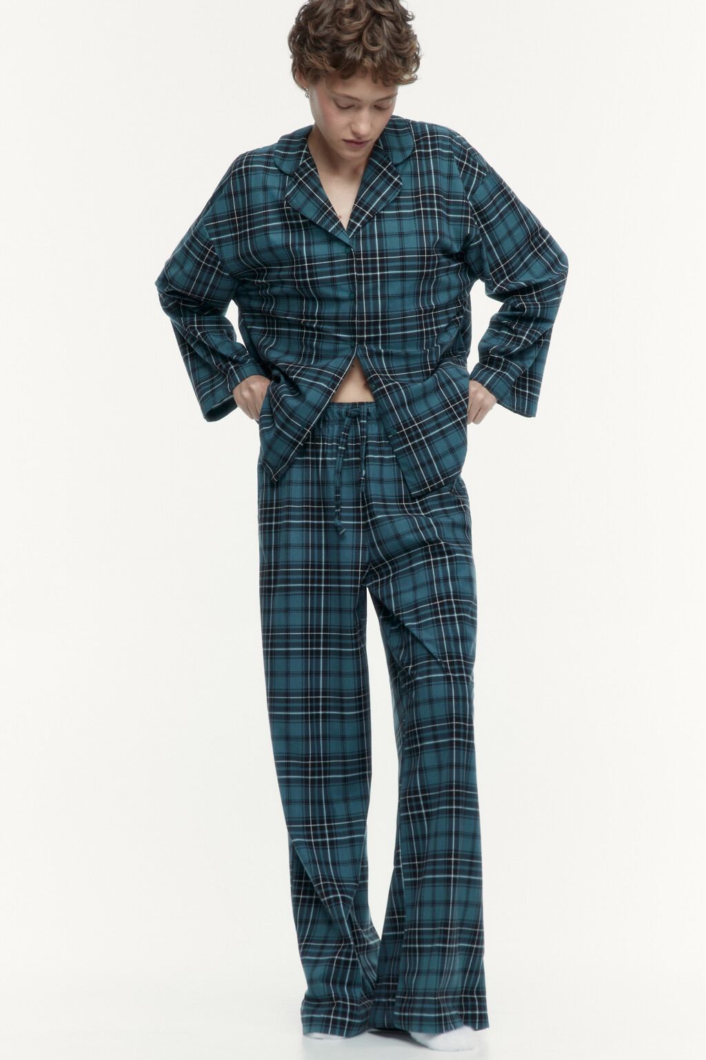 Брюки домашние широкие в клетку - цвет зеленый - 5