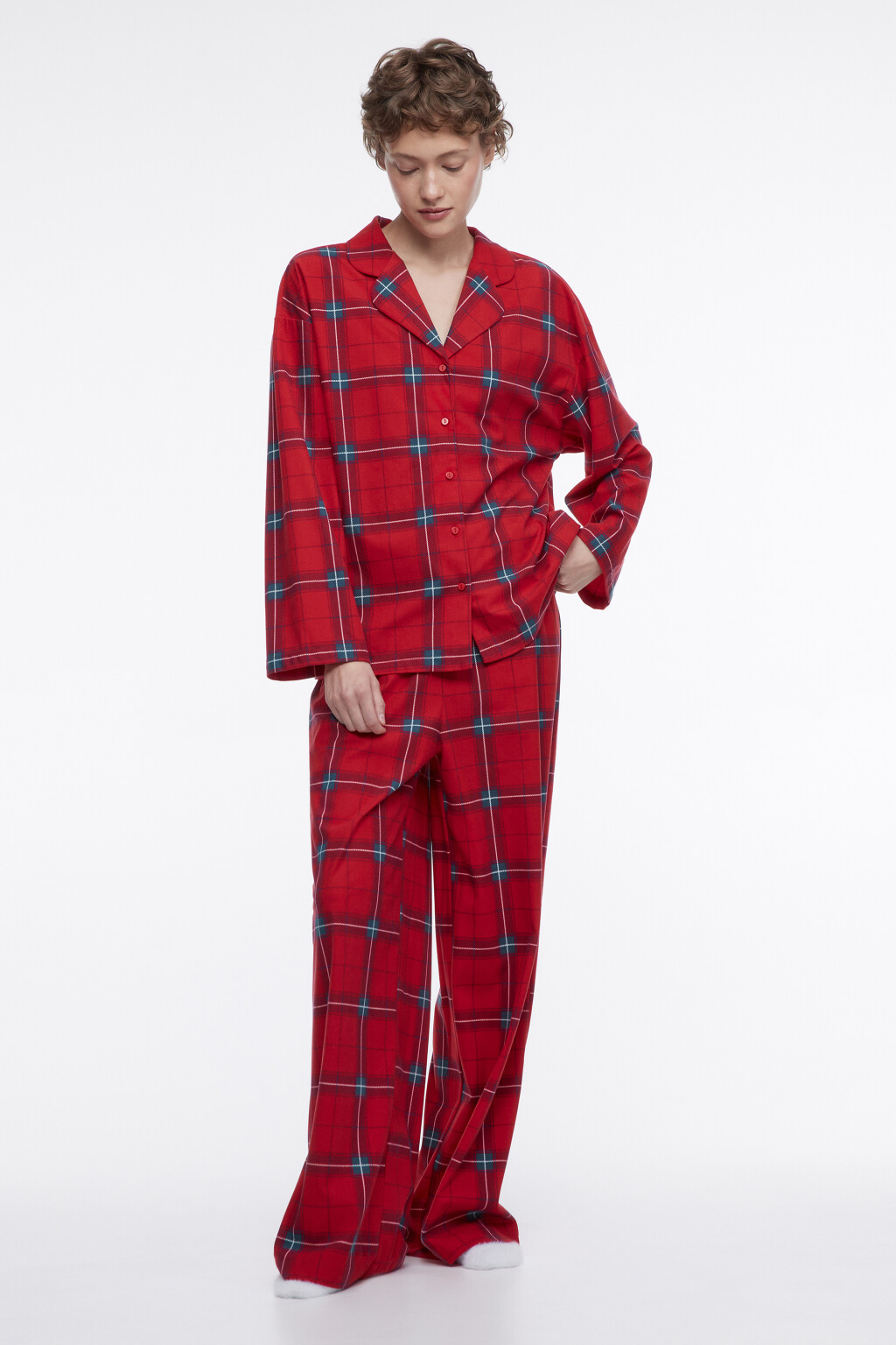 Брюки домашние широкие в клетку - цвет красный - 4