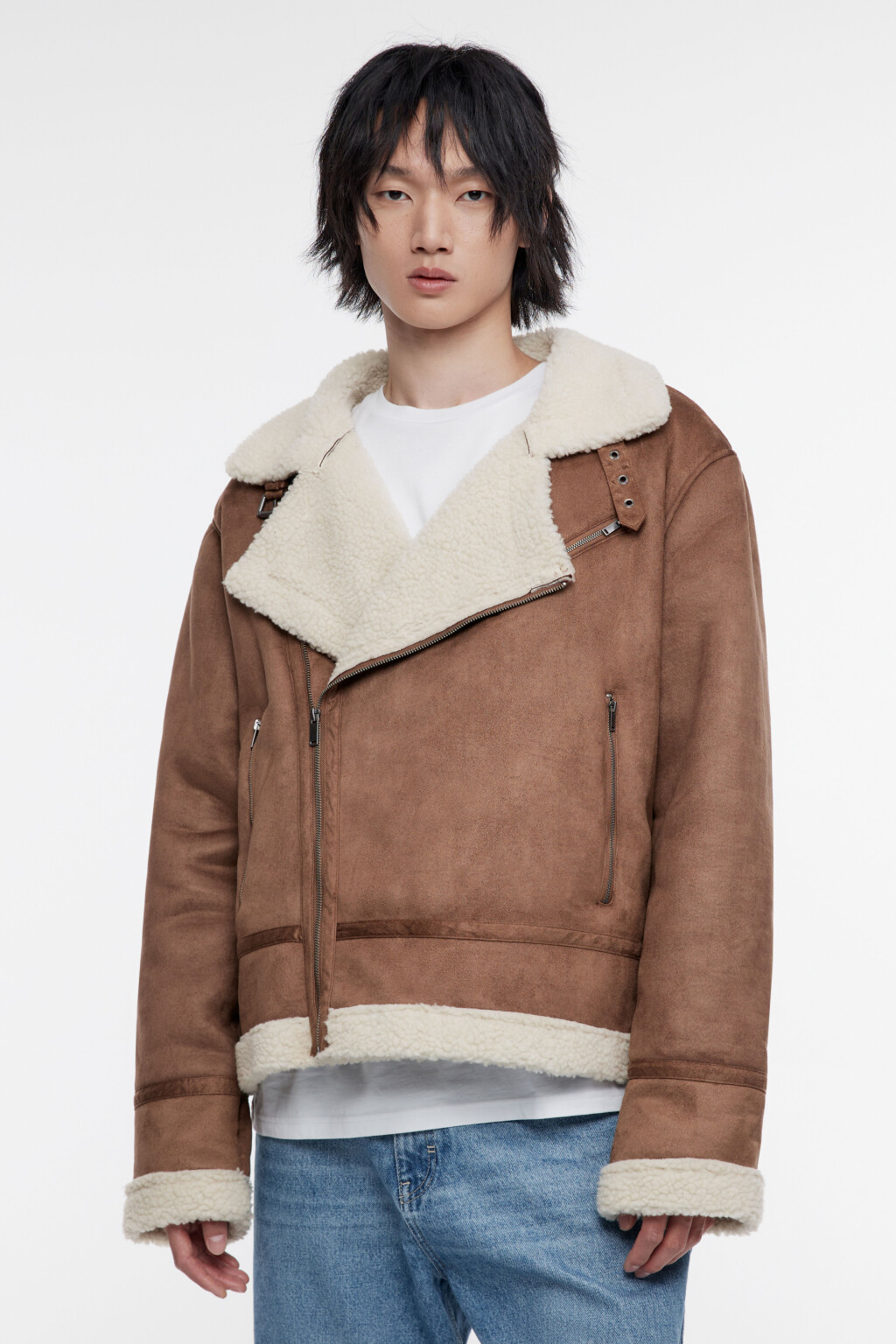 Куртка-дубленка короткая с воротником - цвет коричневый - 3