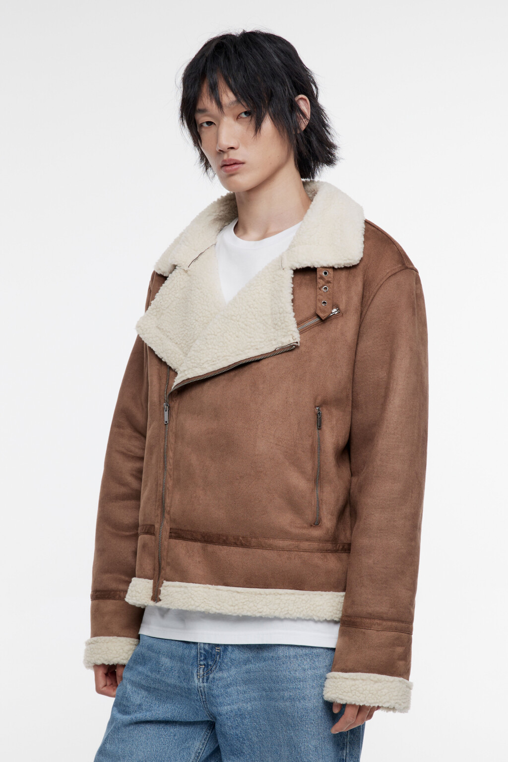 Куртка-дубленка короткая с воротником - цвет коричневый - 4