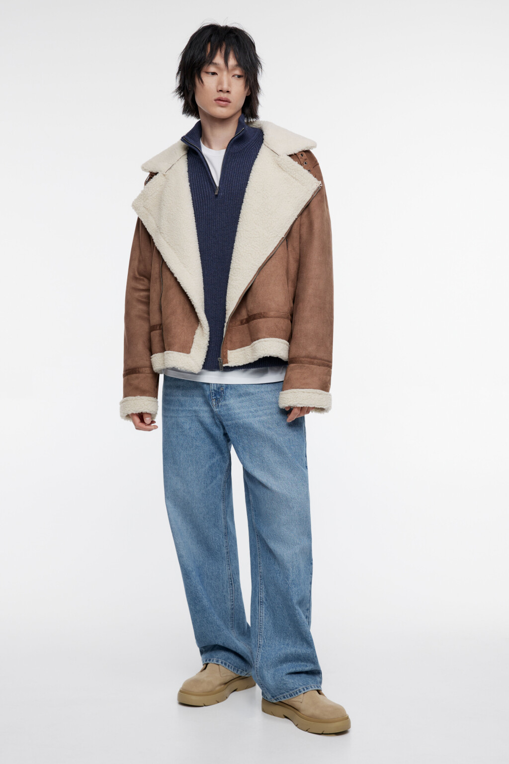 Куртка-дубленка короткая с воротником - цвет коричневый - 1