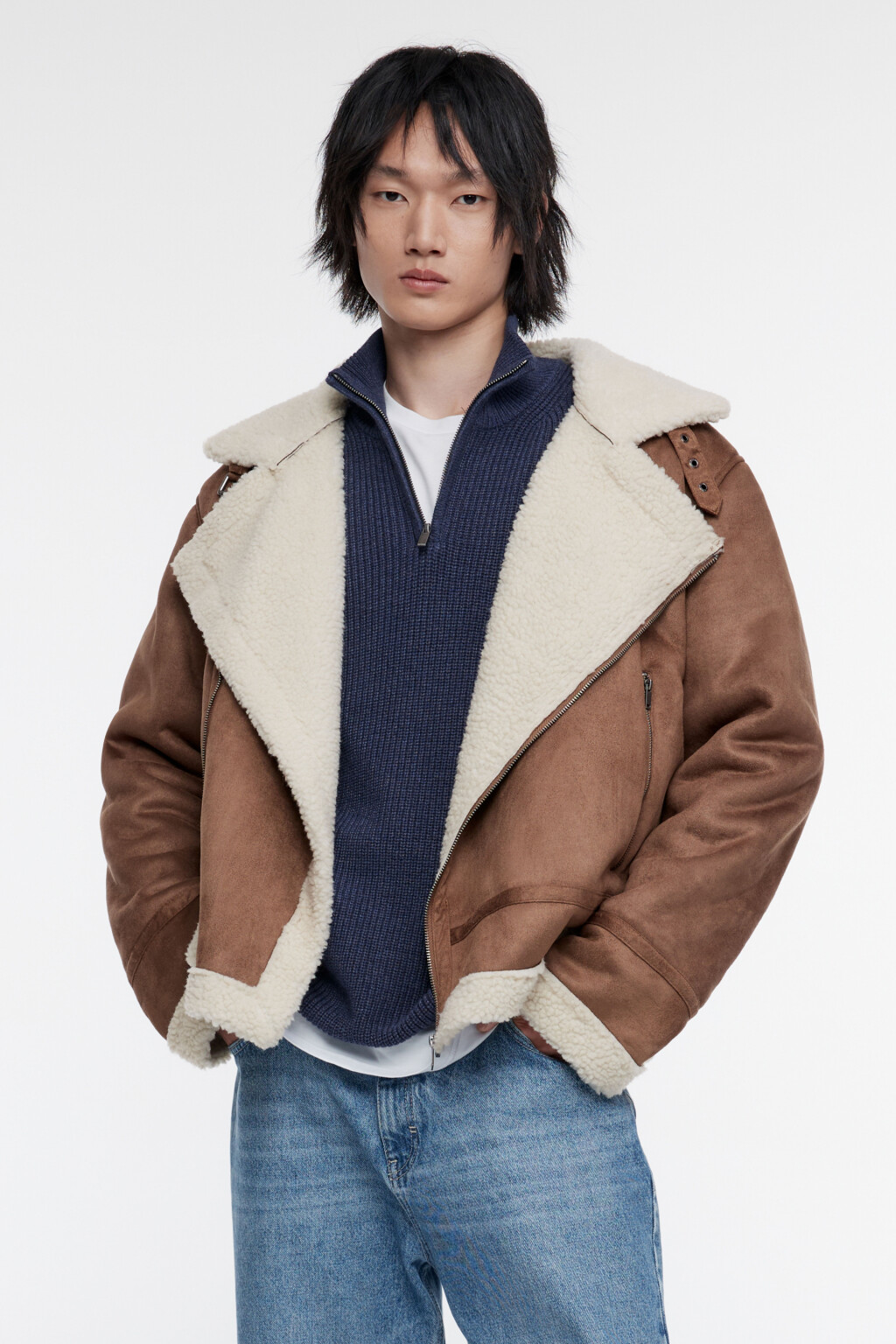 Куртка-дубленка короткая с воротником - цвет коричневый - 2