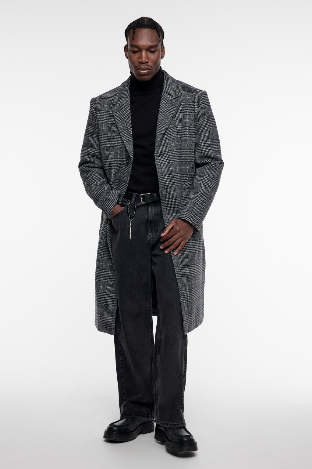 Пальто длинное шерстяное с принтом в клетку - цвет черный - 2