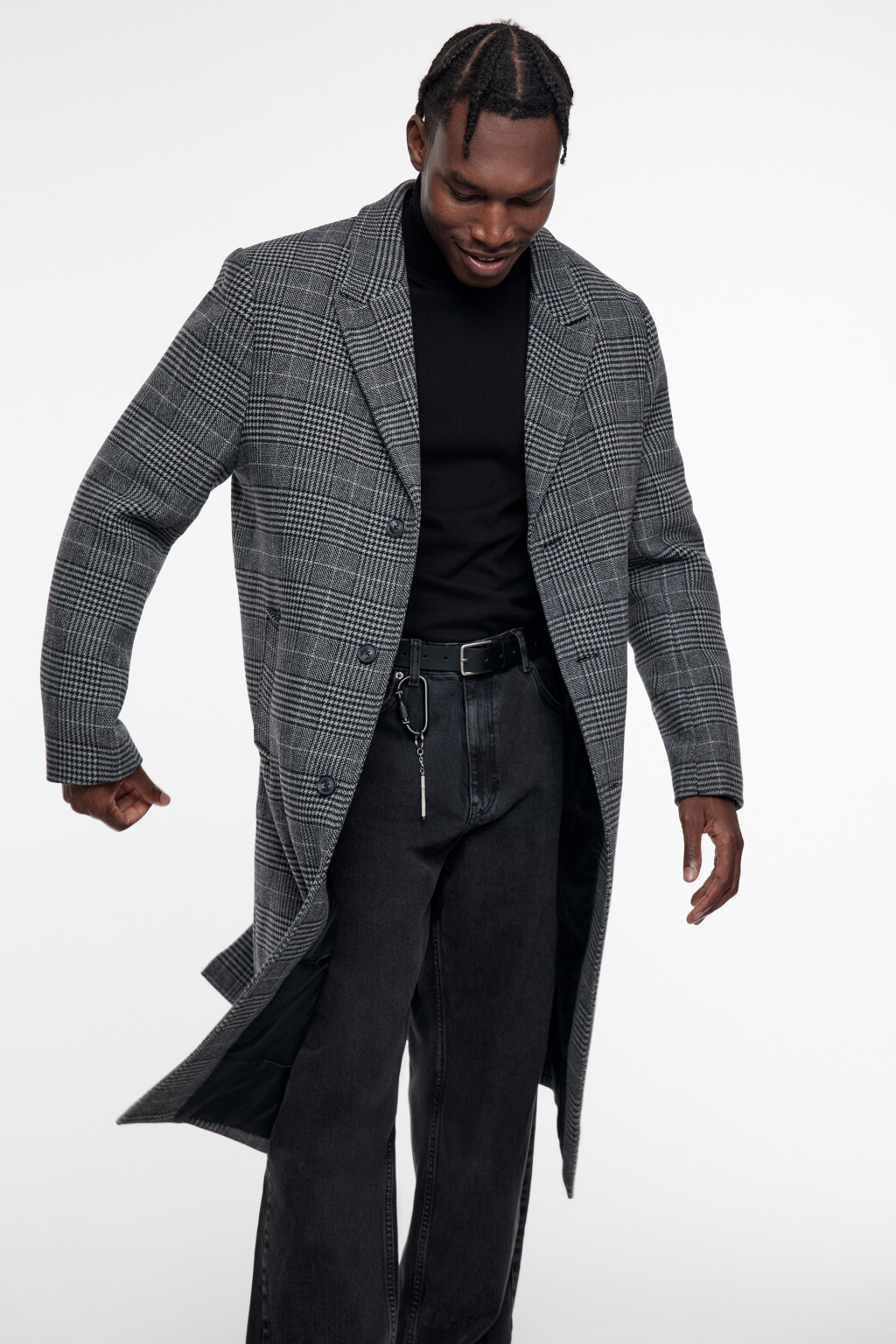 Пальто длинное шерстяное с принтом в клетку - цвет черный - 1