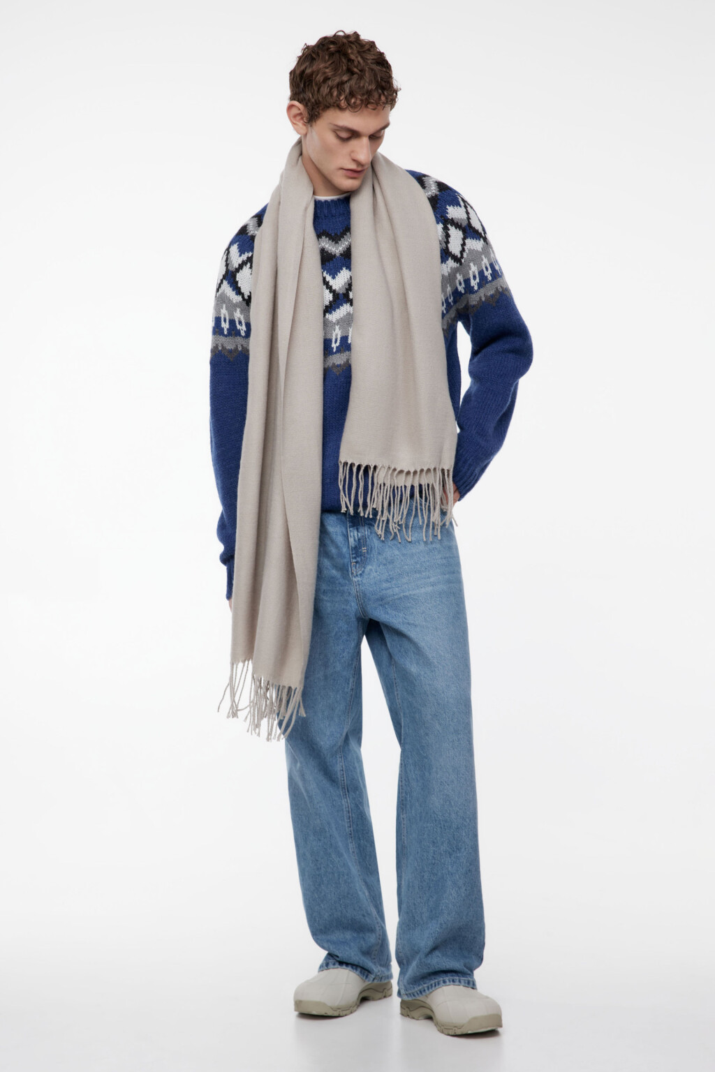 Шарф тонкий однотонный с длинной бахромой - цвет бежевый - 3