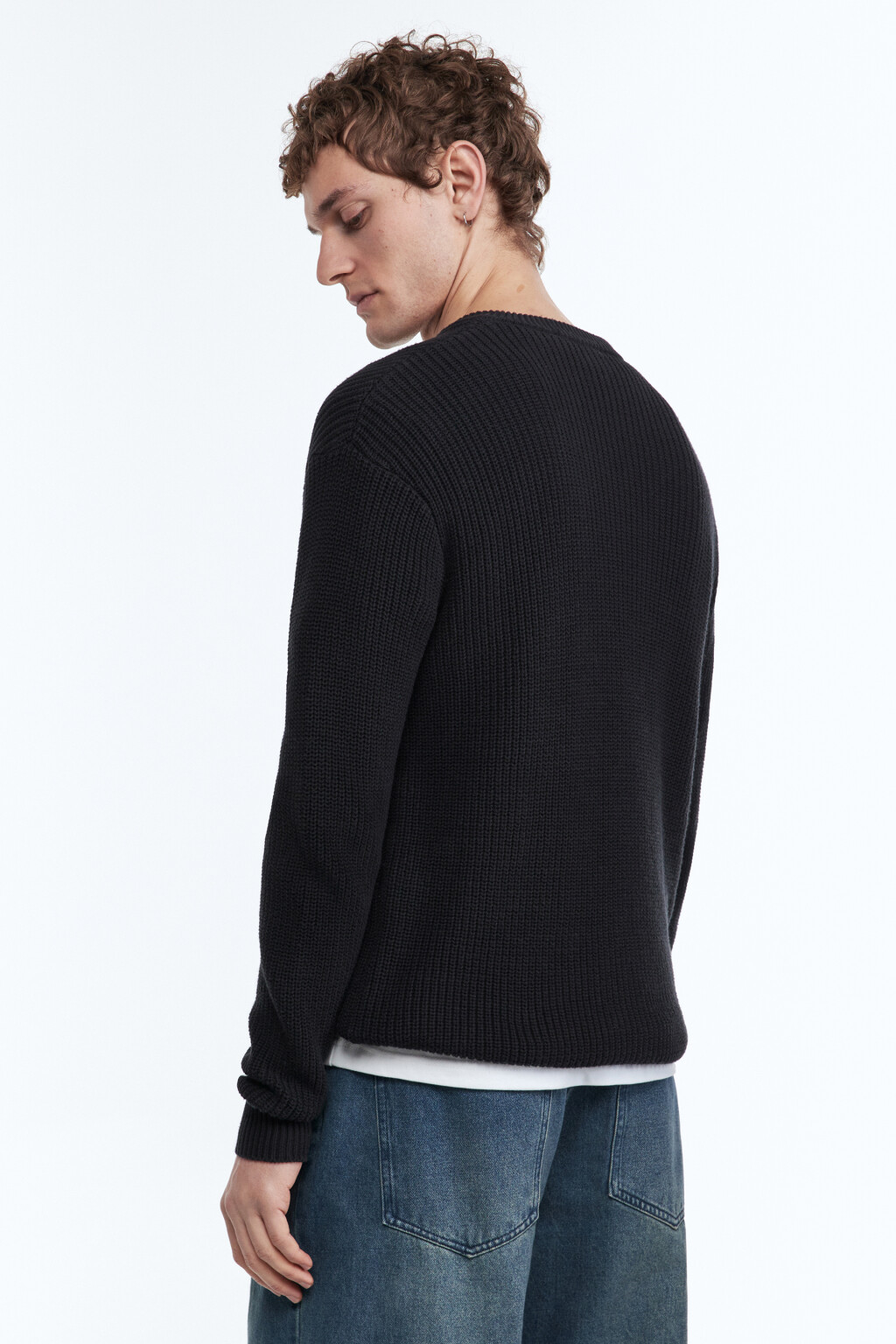 Свитер вязаный хлопковый с V-образным вырезом - цвет черный - 3