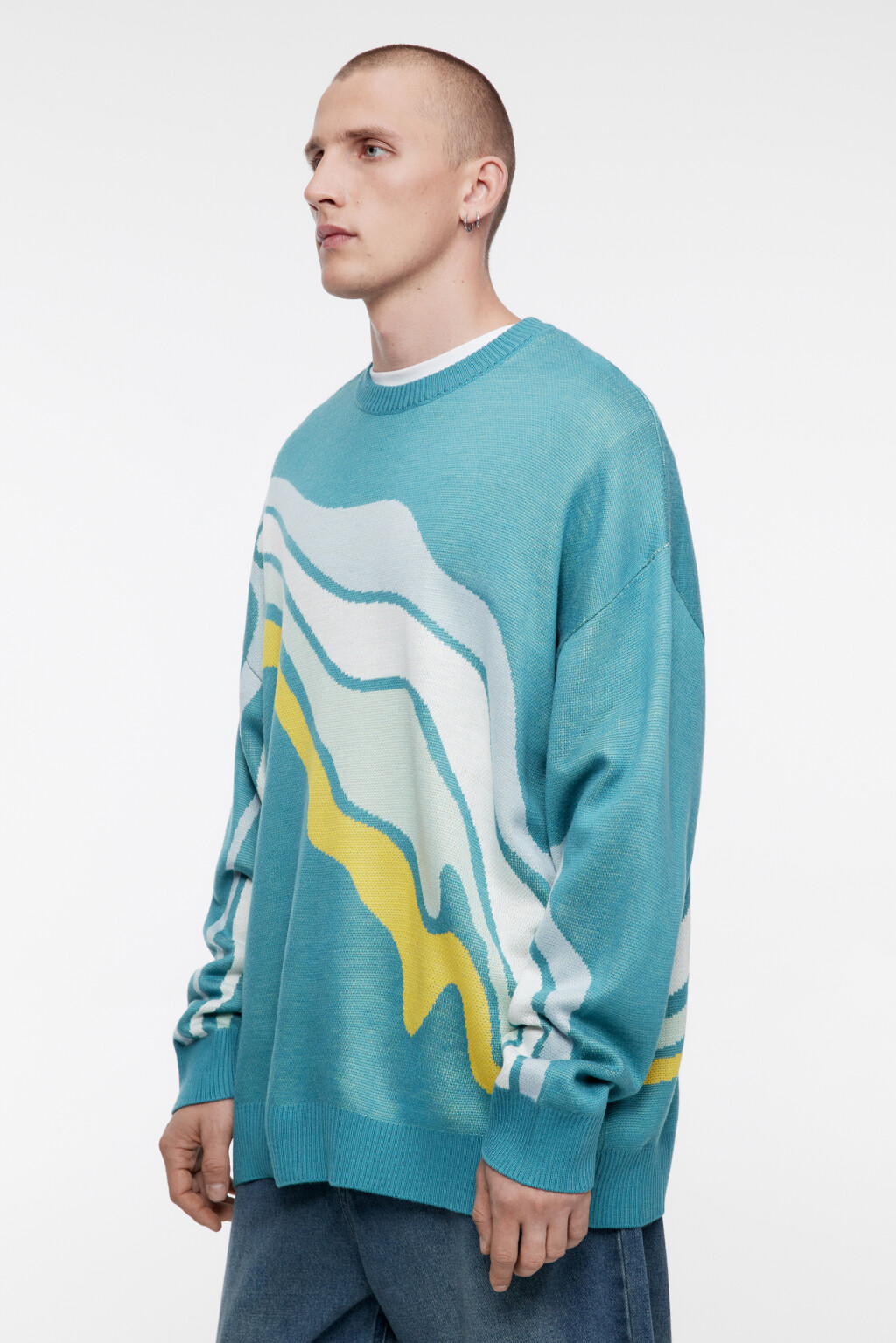 Свитер вязаный свободный с принтом-абстракцией - цвет голубой - 4