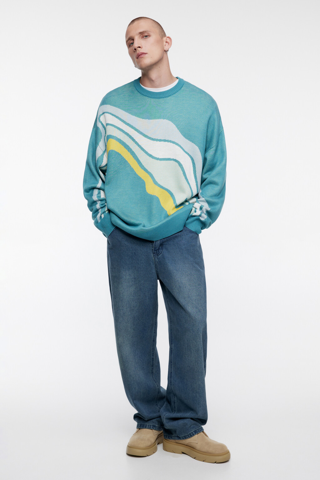Свитер вязаный свободный с принтом-абстракцией - цвет голубой - 1