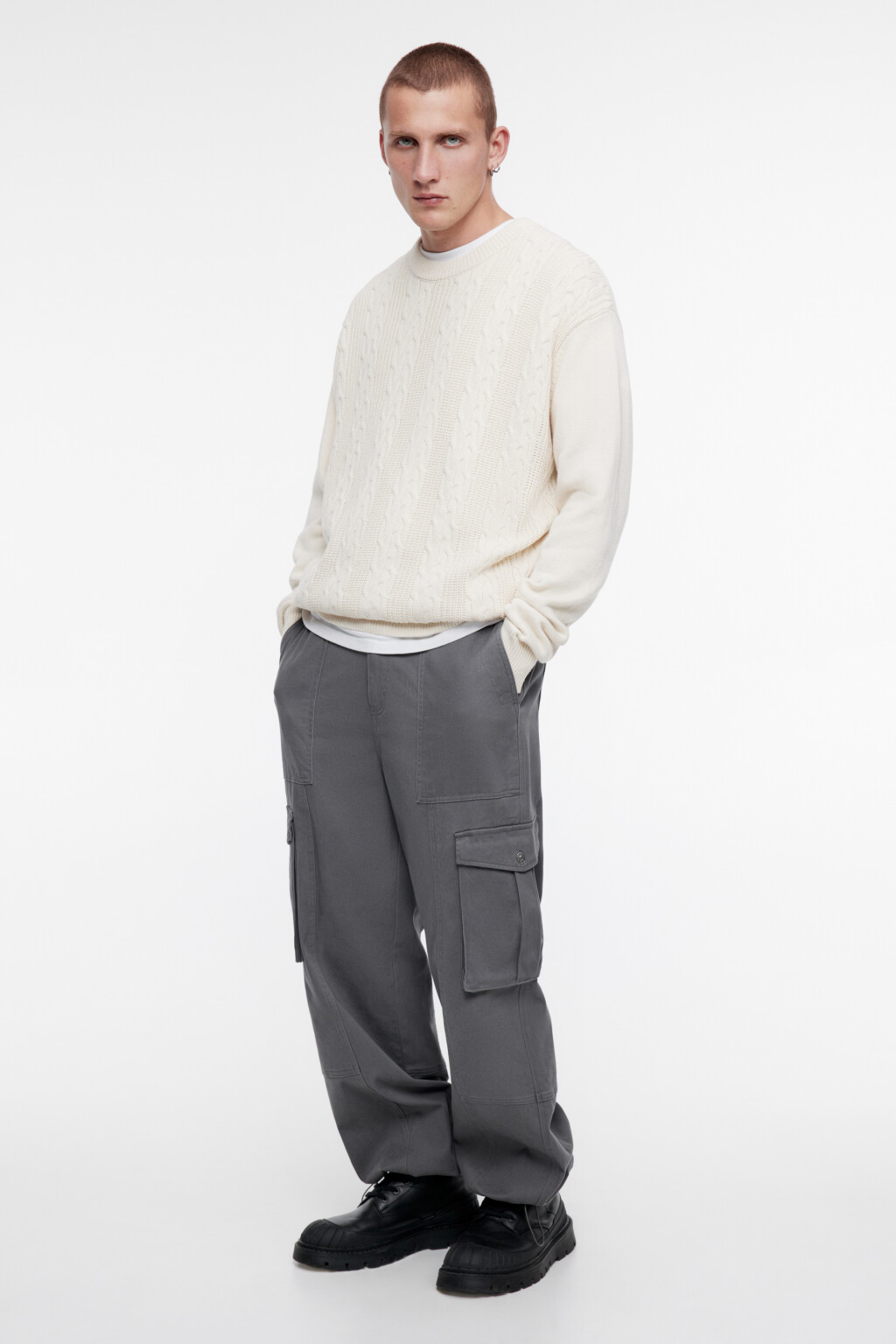 Свитер толстой вязки хлопковый с узором-косичкой - цвет бежевый - 5