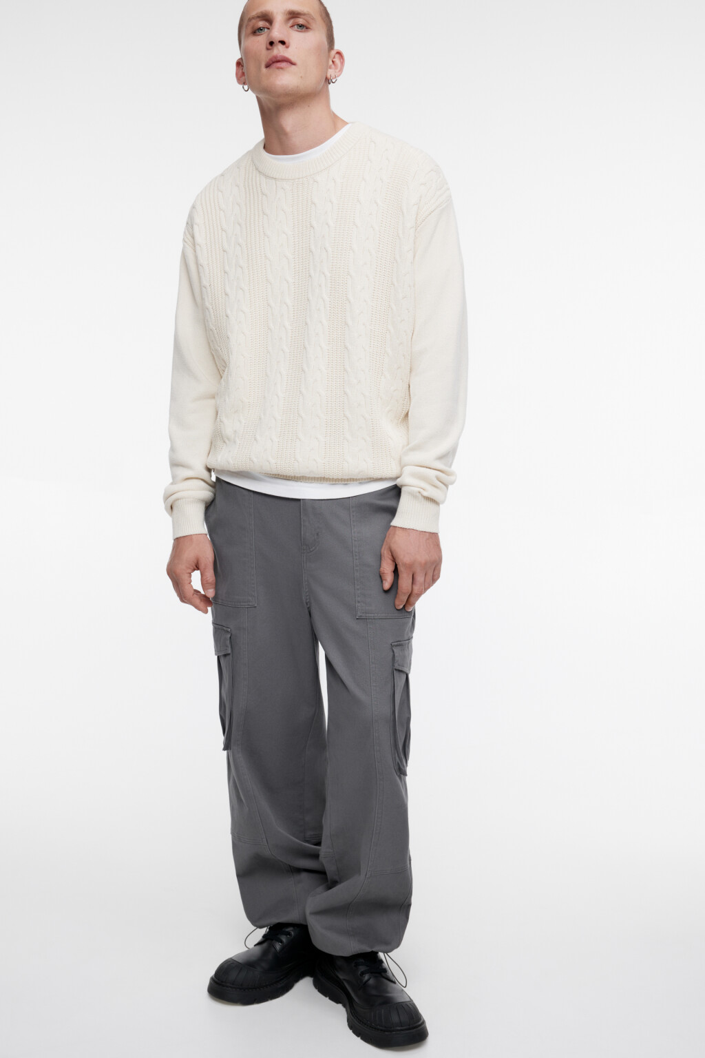 Свитер толстой вязки хлопковый с узором-косичкой - цвет бежевый - 1