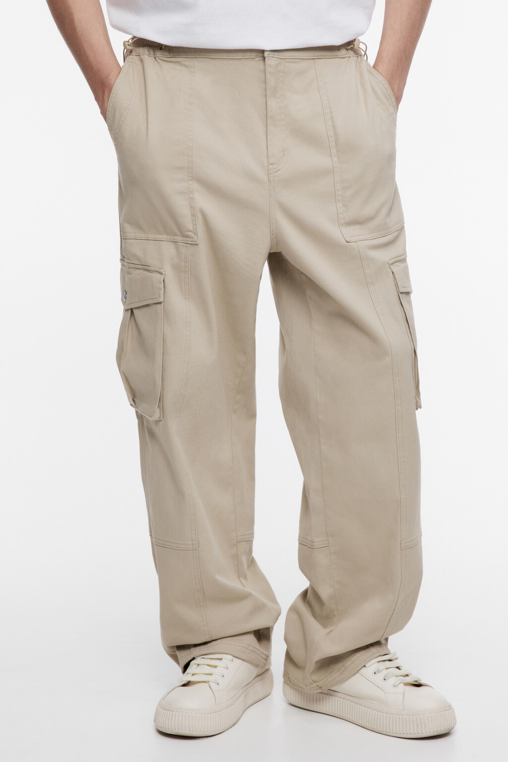 Брюки-парашюты хлопковые широкие с карманами карго - цвет бежевый - 2