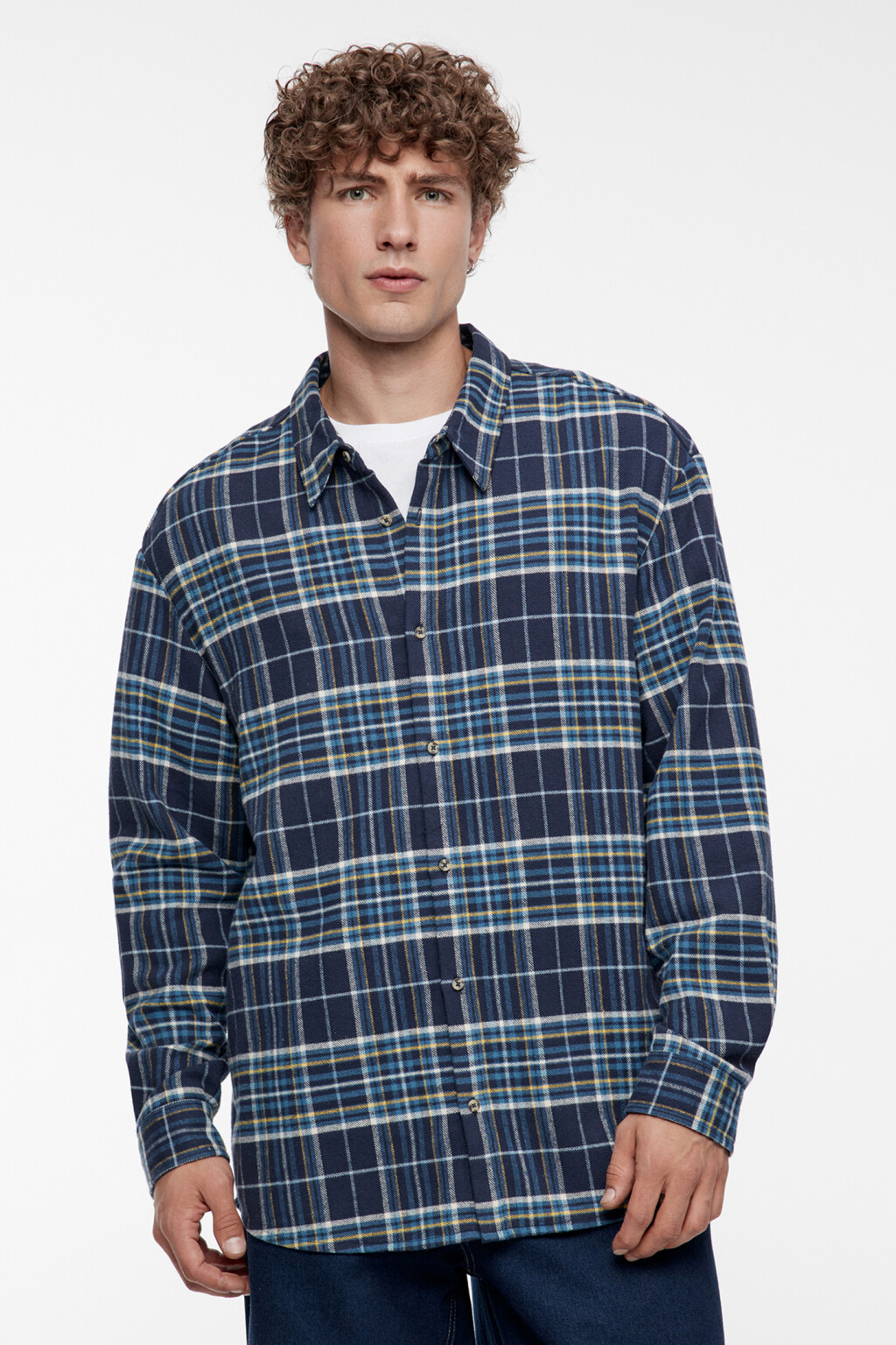 Рубашка фланелевая свободная с принтом в клетку - цвет синий - 3