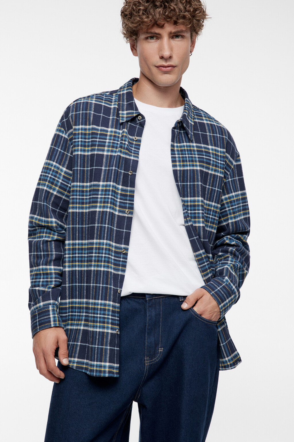 Рубашка фланелевая свободная с принтом в клетку - цвет синий - 2
