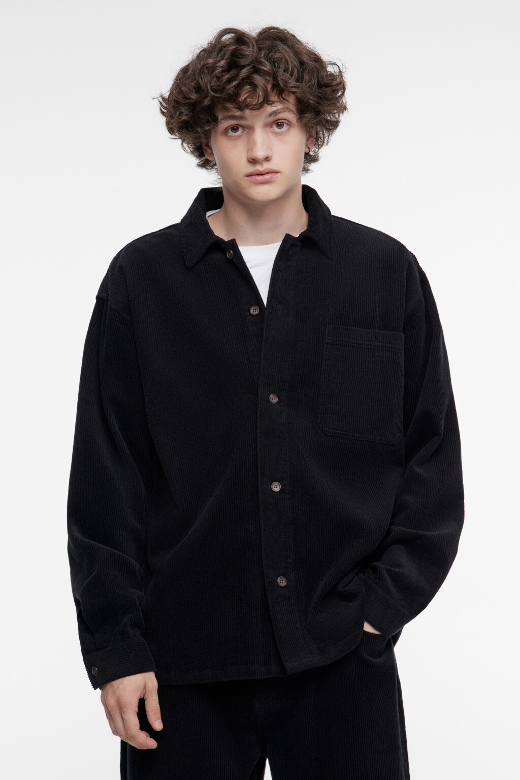 Рубашка свободная вельветовая классического кроя - цвет черный - 2