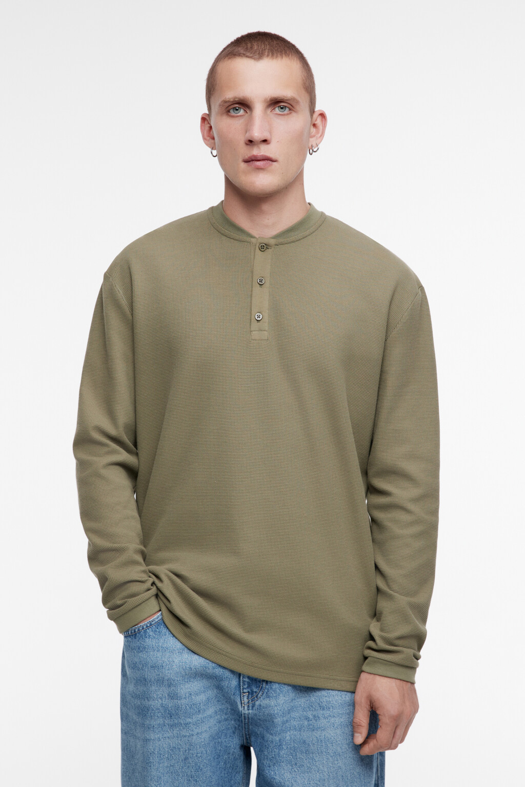 Лонгслив oversize хлопковый с застежкой на груди - цвет зеленый - 3