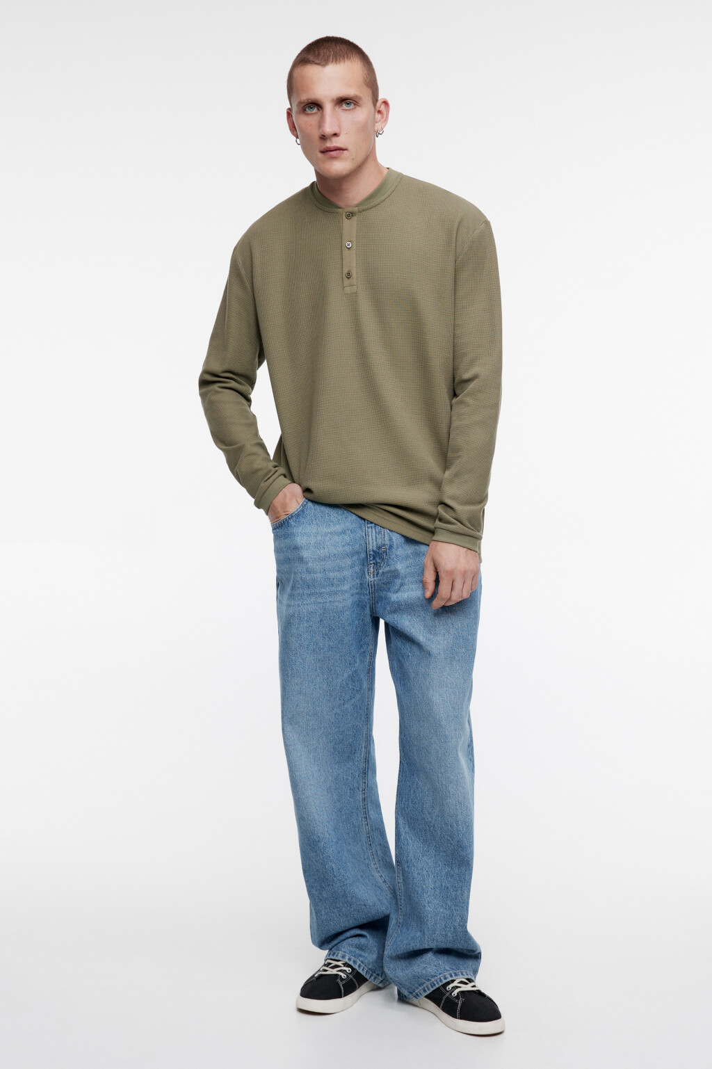 Лонгслив oversize хлопковый с застежкой на груди - цвет зеленый - 2