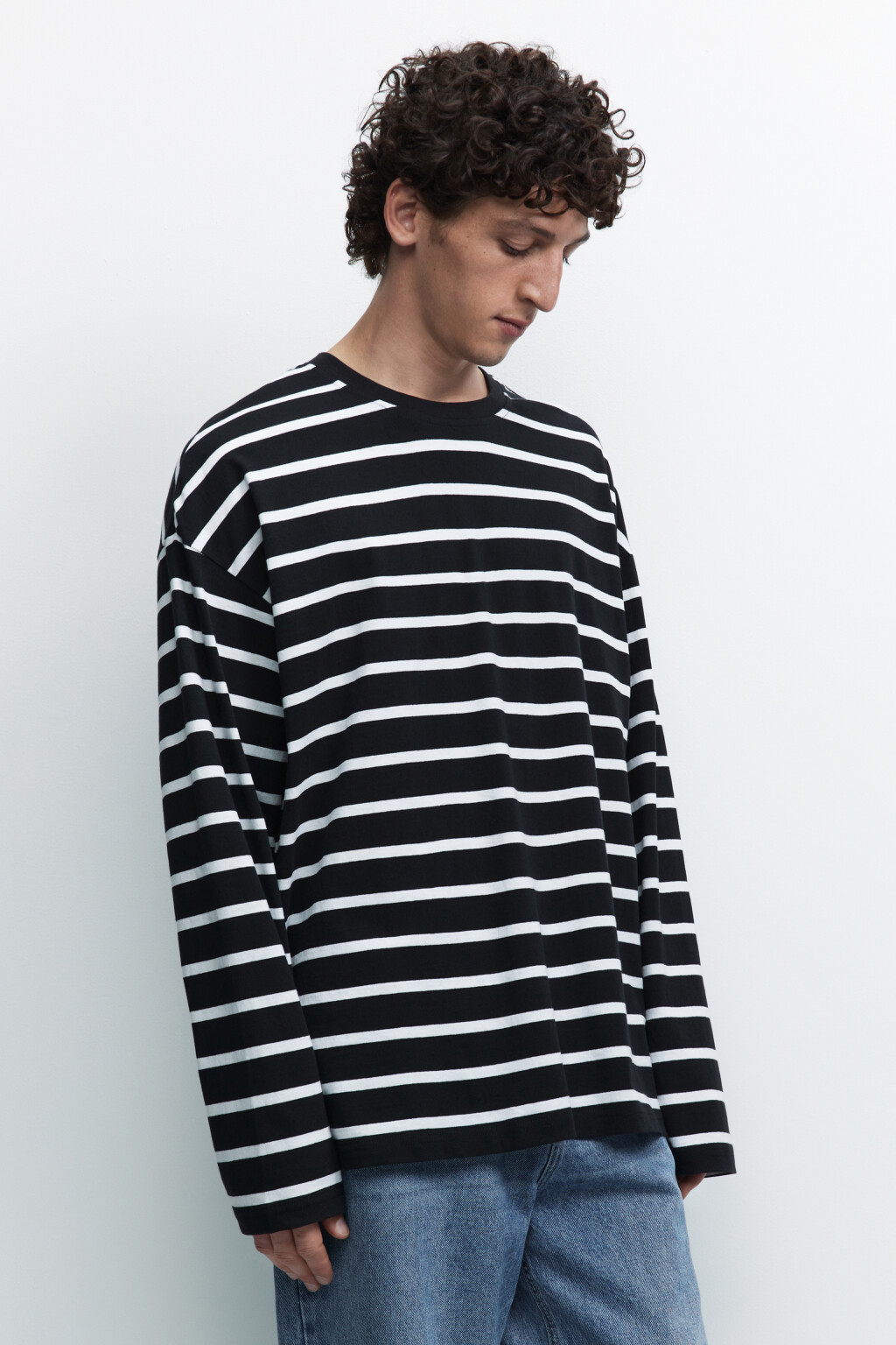 Лонгслив oversize хлопковый с принтом в полоску - цвет белый - 3