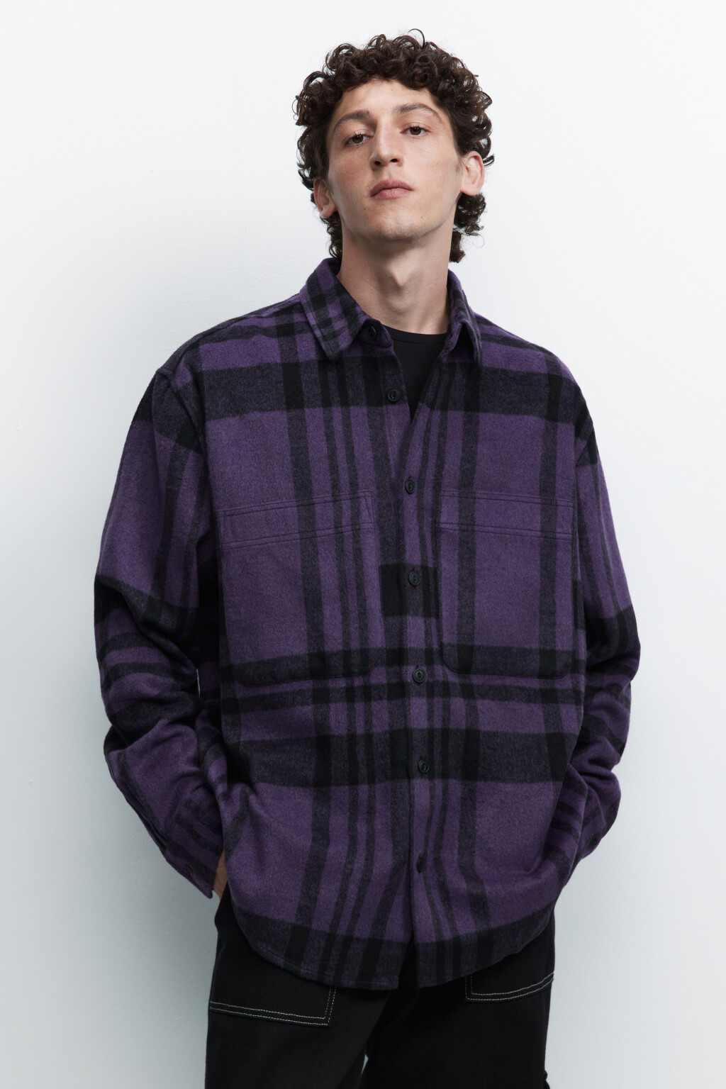 Рубашка теплая клетчатая из ворсистой ткани - цвет фиолетовый - 1