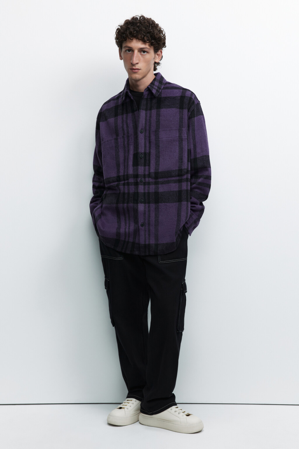 Рубашка теплая клетчатая из ворсистой ткани - цвет фиолетовый - 4