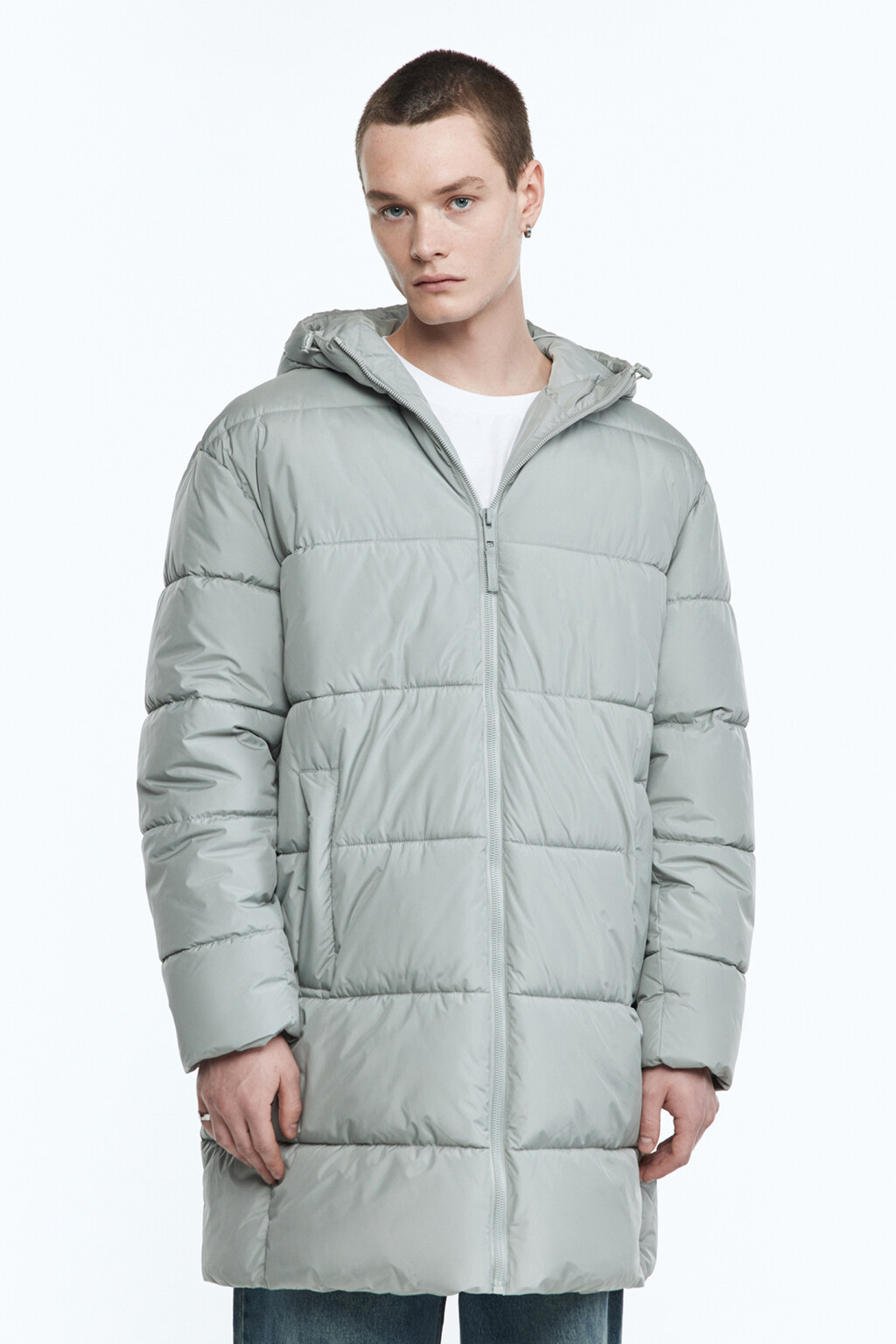 Пальто-пуховик стеганое утепленное с капюшоном - цвет серый - 2
