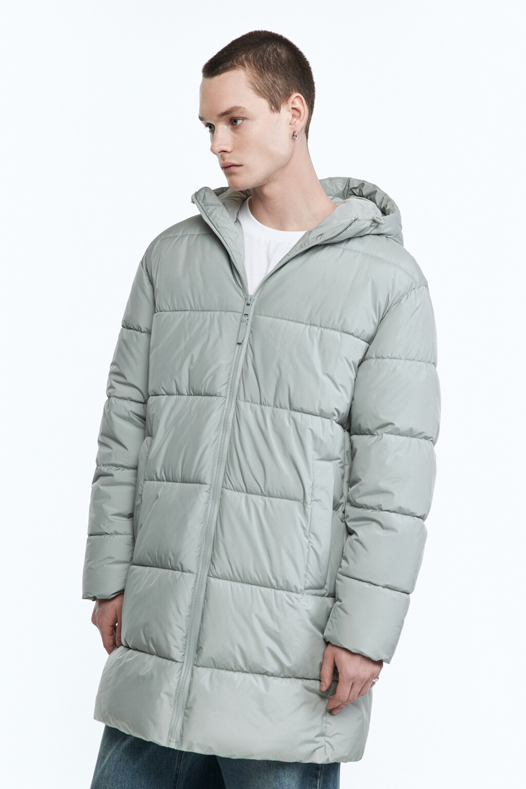 Пальто-пуховик стеганое утепленное с капюшоном - цвет серый - 3