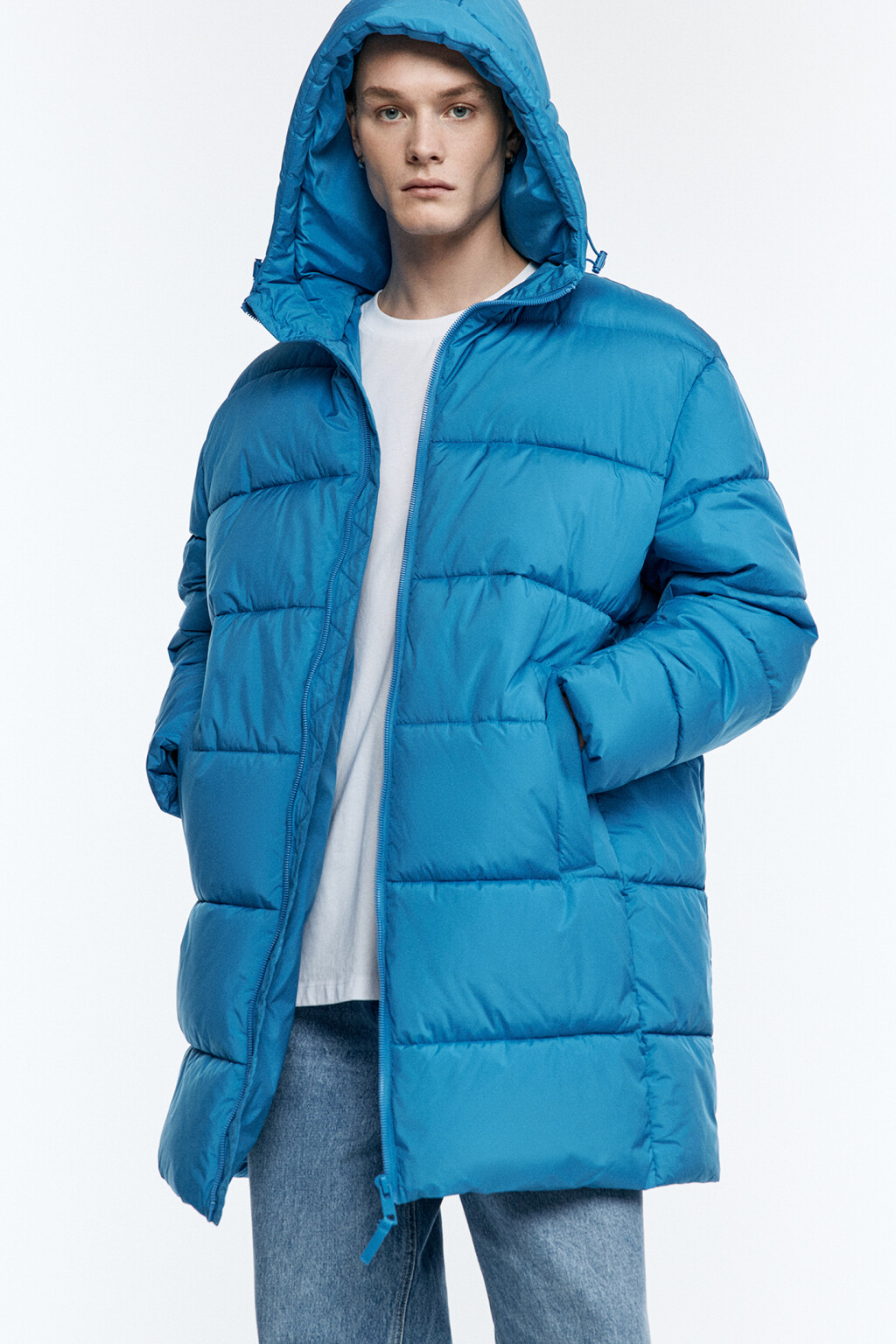 Пальто-пуховик стеганое утепленное с капюшоном - цвет синий - 2