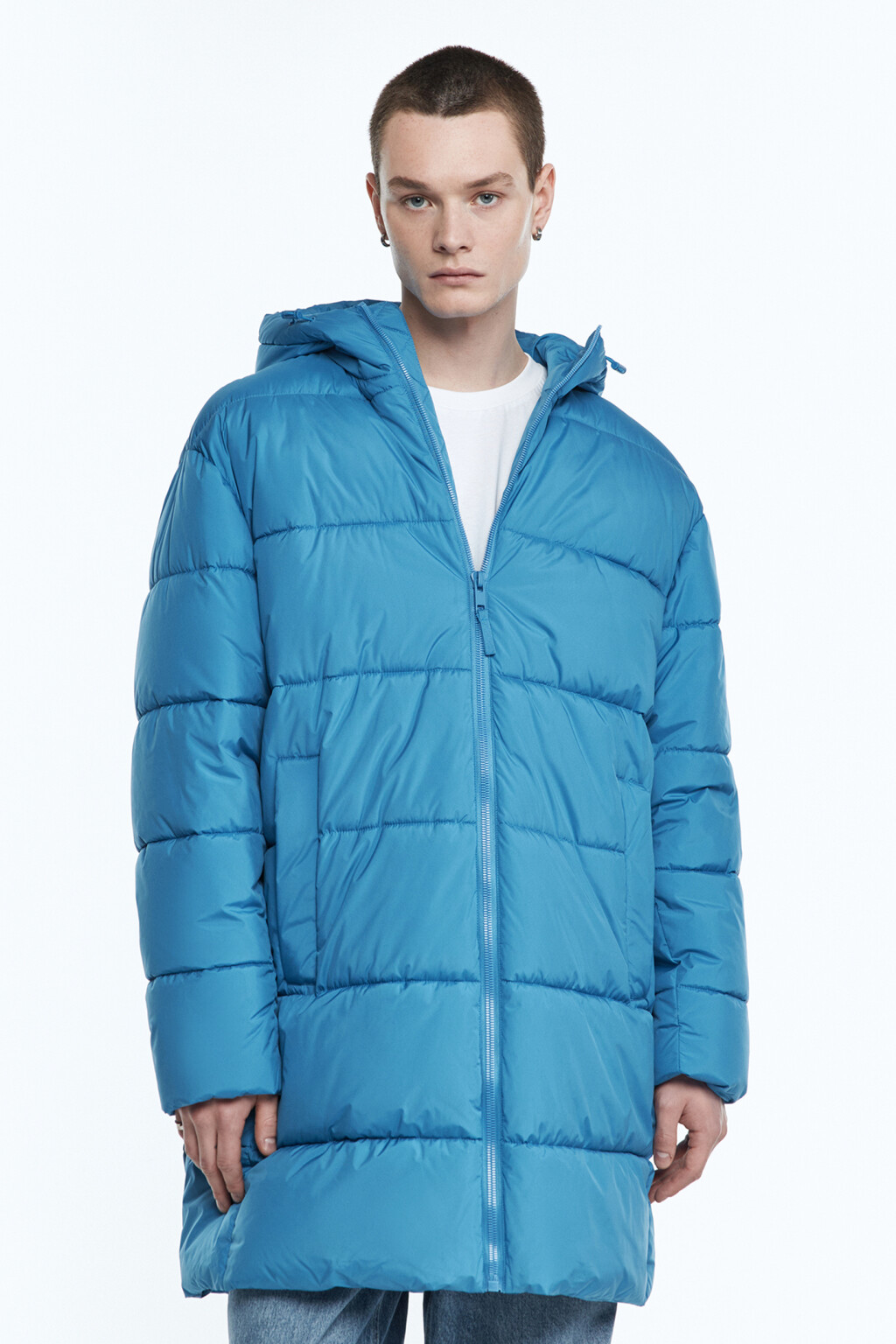 Пальто-пуховик стеганое утепленное с капюшоном - цвет синий - 3