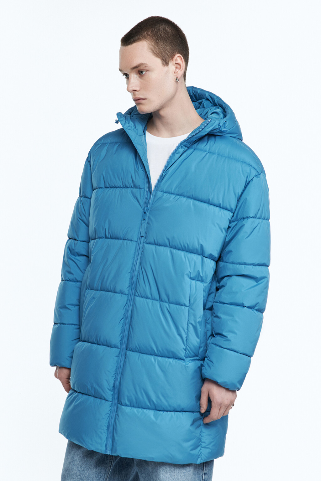 Пальто-пуховик стеганое утепленное с капюшоном - цвет синий - 4