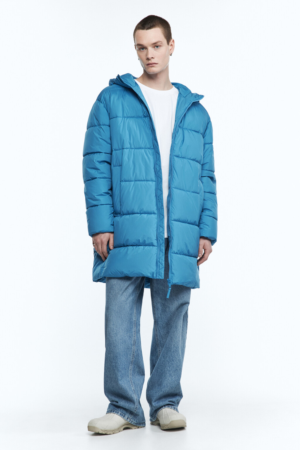 Пальто-пуховик стеганое утепленное с капюшоном - цвет синий - 1