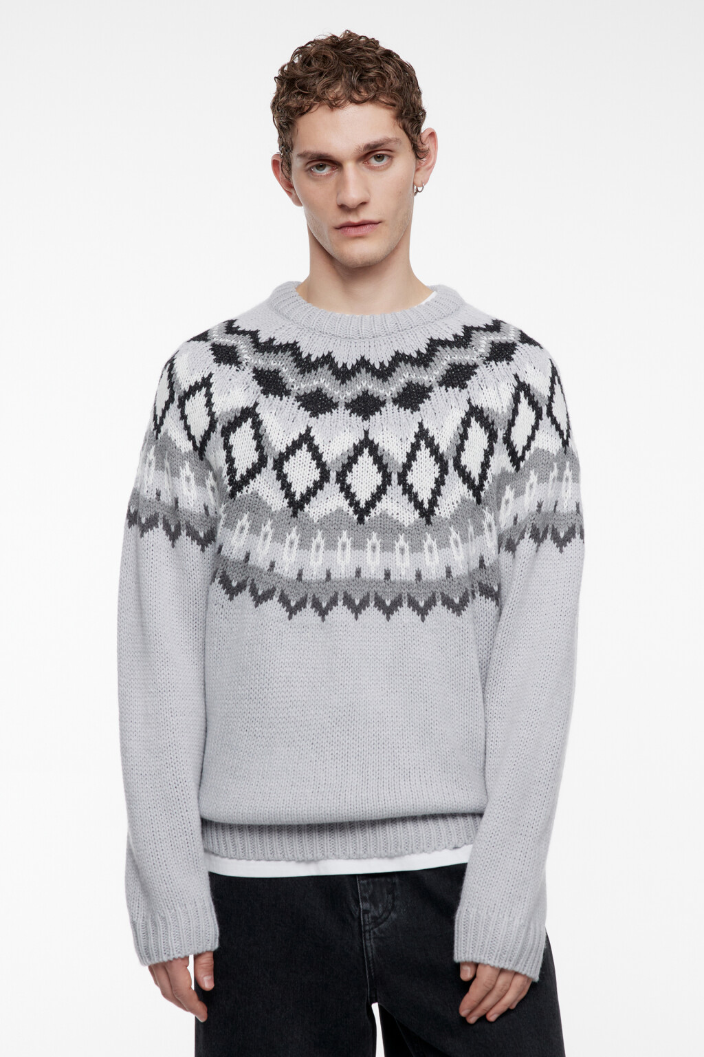 Свитер вязаный шерстяной с принтом лопапейса - цвет серый - 3