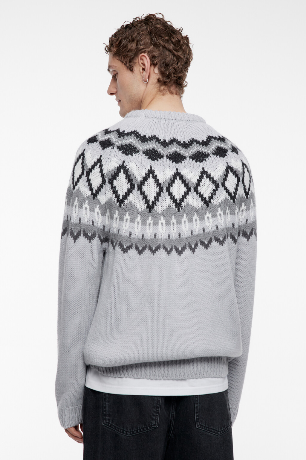 Свитер вязаный шерстяной с принтом лопапейса - цвет серый - 5