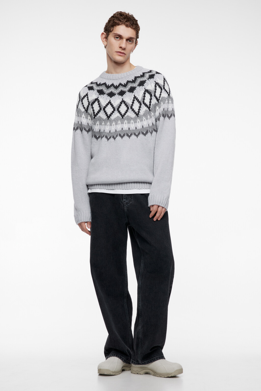 Свитер вязаный шерстяной с принтом лопапейса - цвет серый - 2