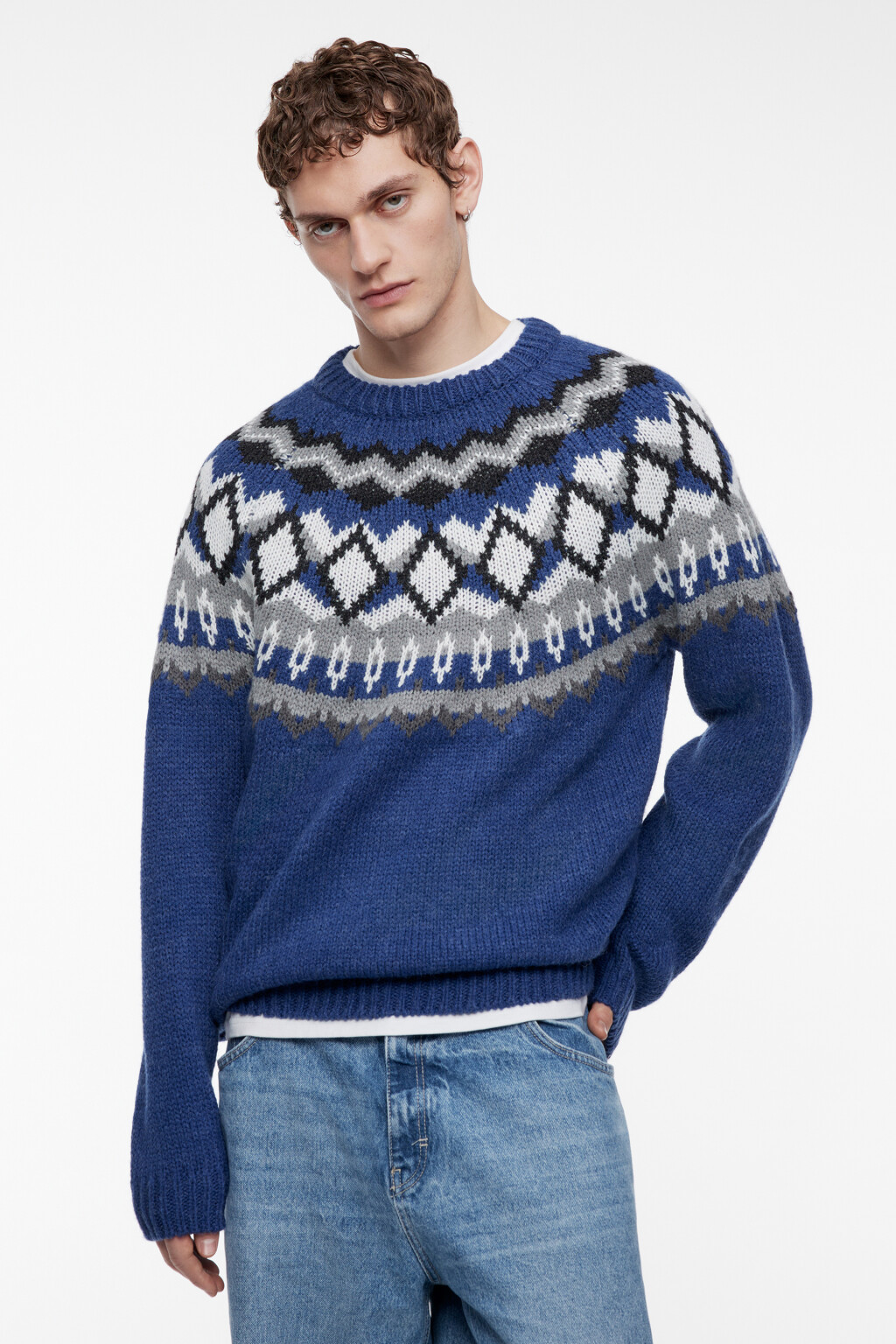 Свитер вязаный шерстяной с принтом лопапейса - цвет синий - 3