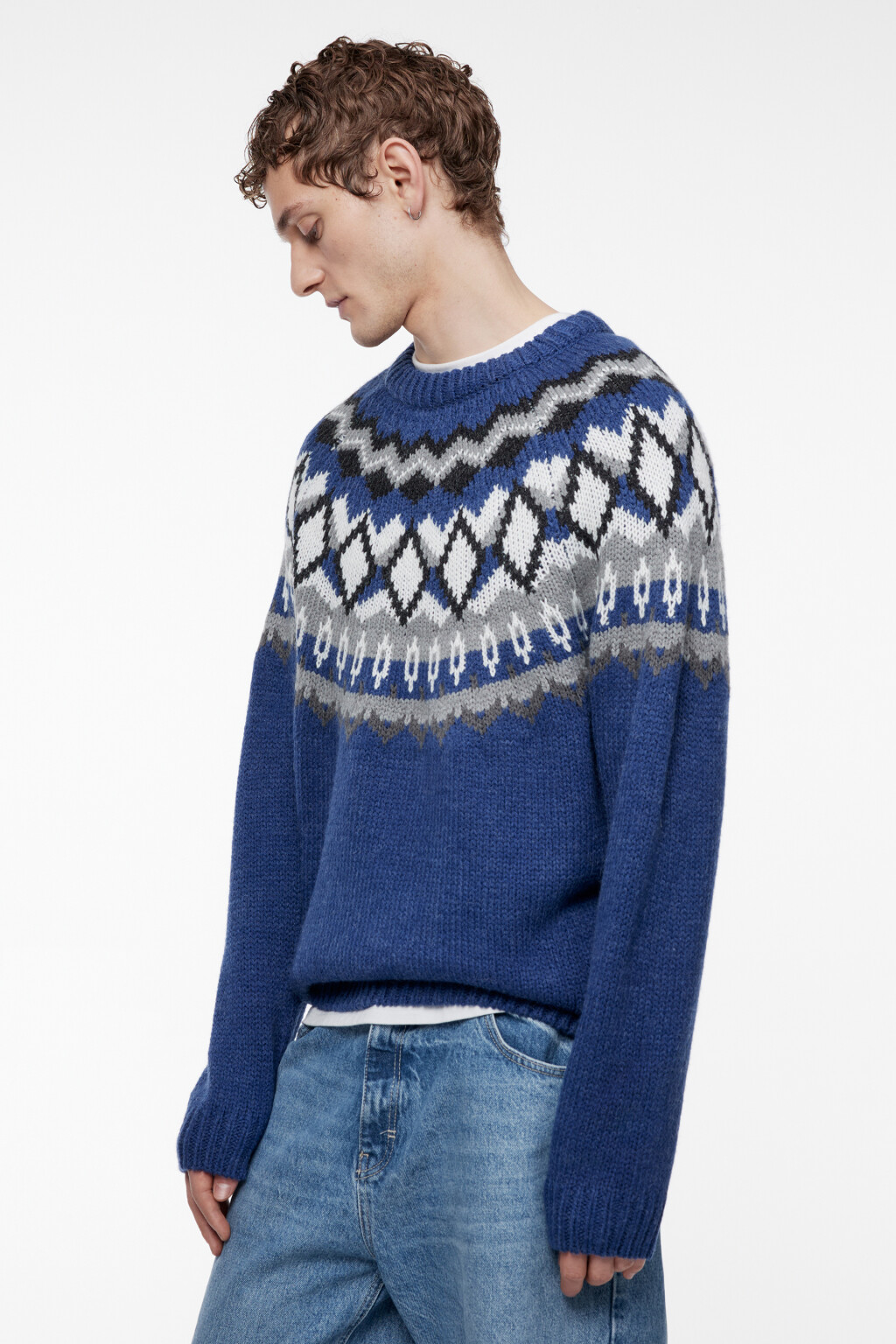 Свитер вязаный шерстяной с принтом лопапейса - цвет синий - 4