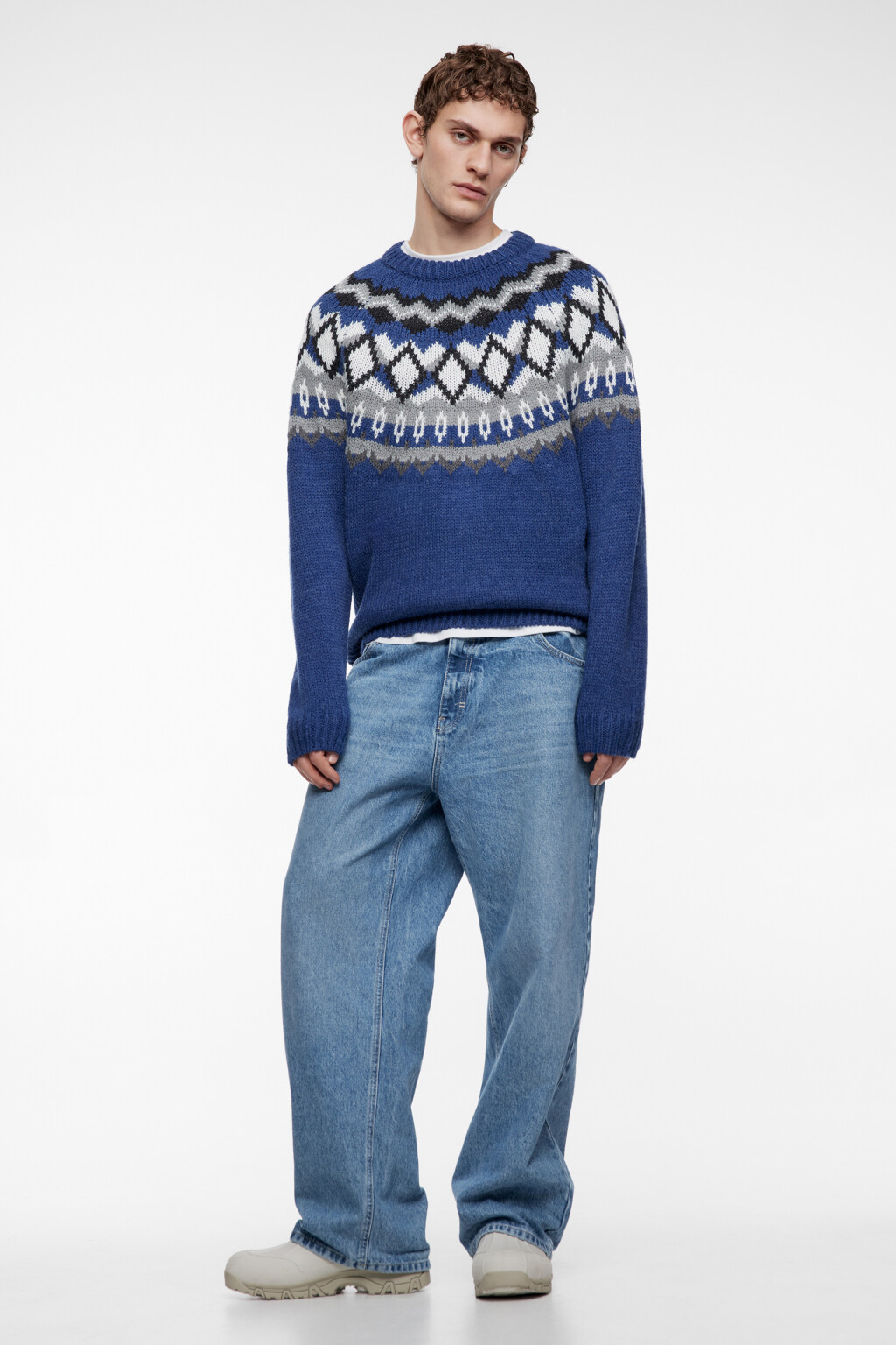 Свитер вязаный шерстяной с принтом лопапейса - цвет синий - 1
