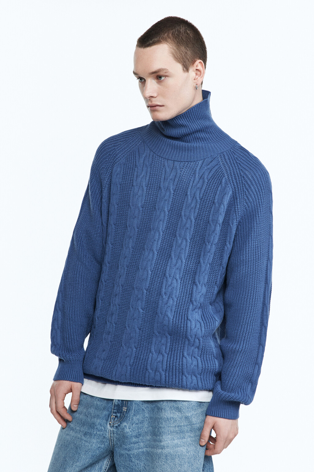 Свитер вязаный с воротником и рукавами реглан - цвет синий - 4