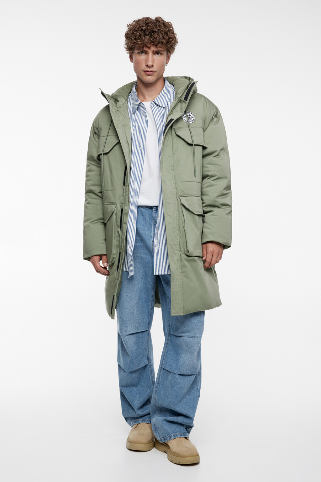 Куртка-парка длинная утепленная с капюшоном - цвет зеленый - 4