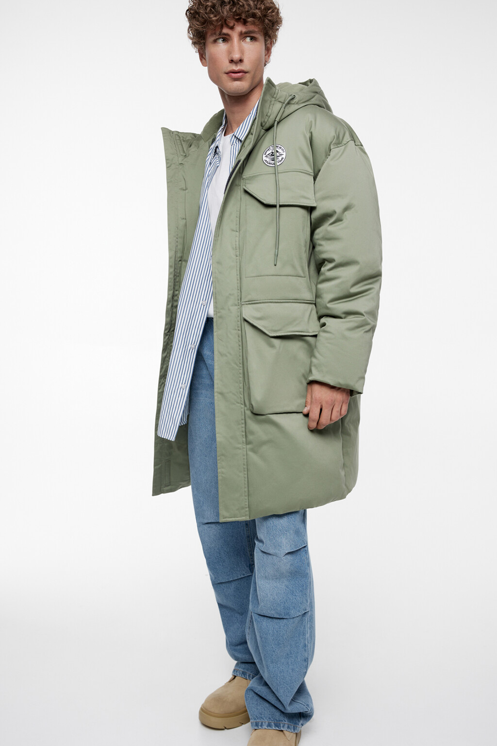 Куртка-парка длинная утепленная с капюшоном - цвет зеленый - 5