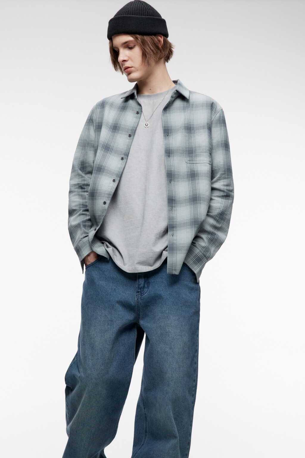 Рубашка свободная фланелевая с принтом в клетку - цвет зеленый - 1