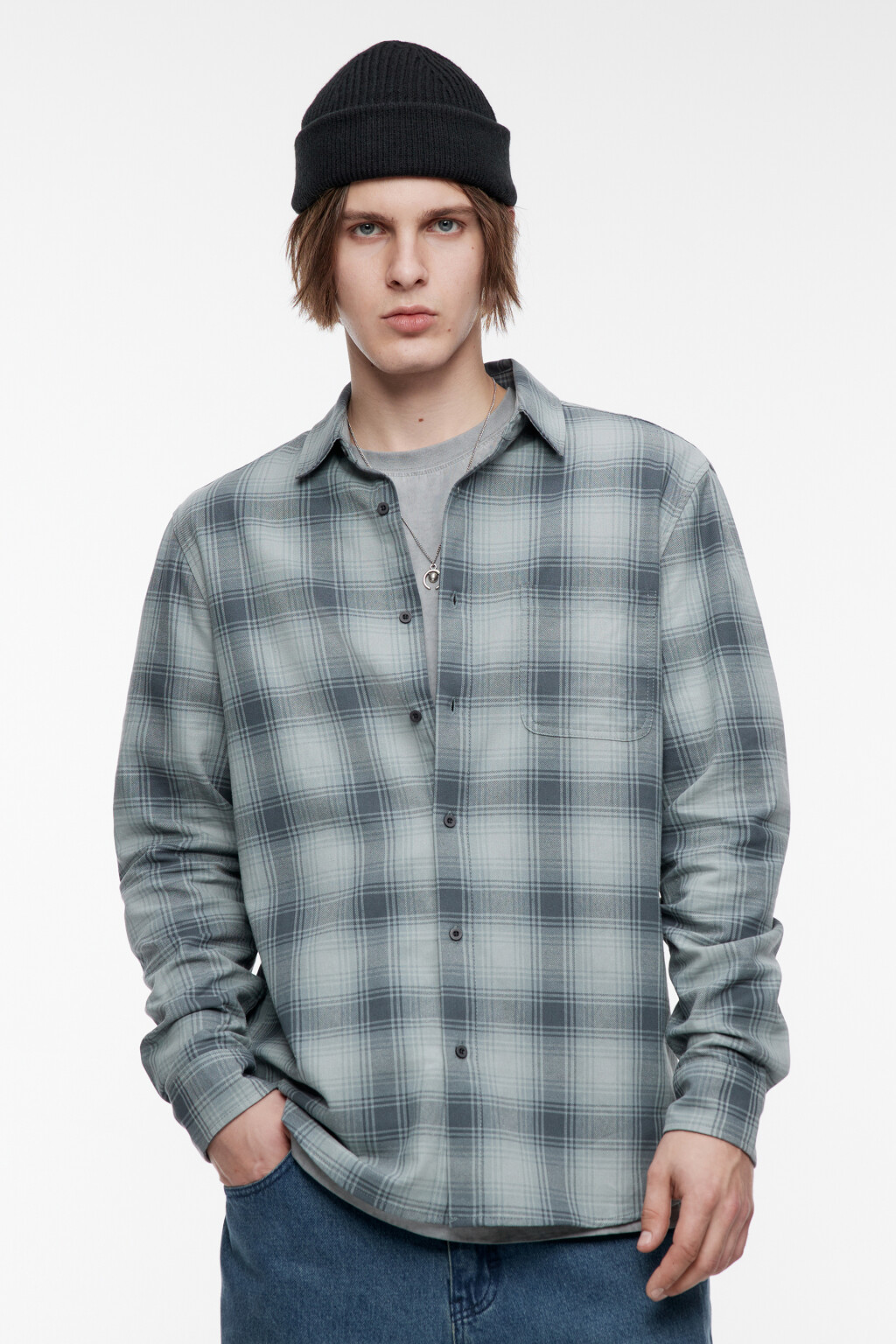 Рубашка свободная фланелевая с принтом в клетку - цвет зеленый - 2
