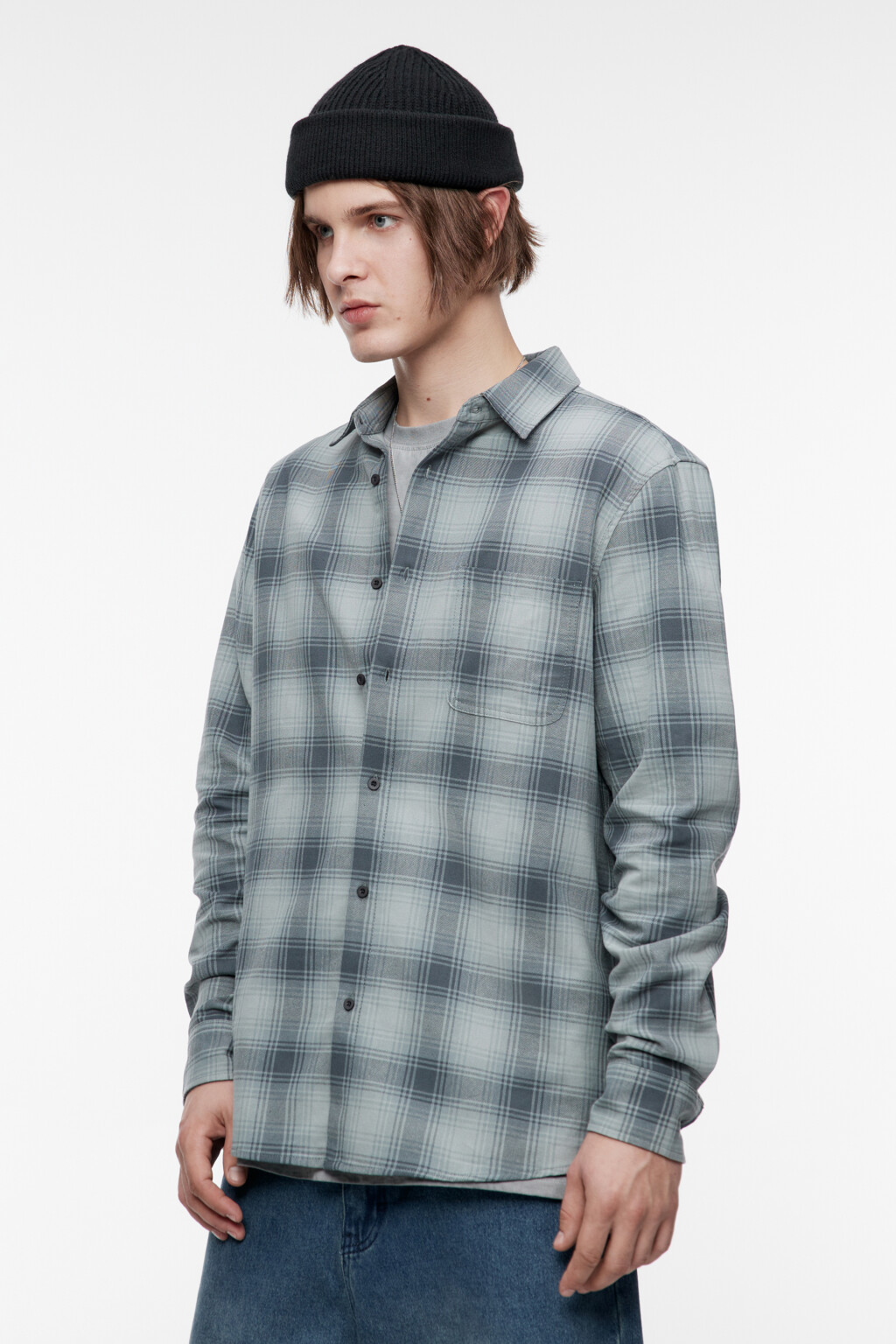 Рубашка свободная фланелевая с принтом в клетку - цвет зеленый - 3