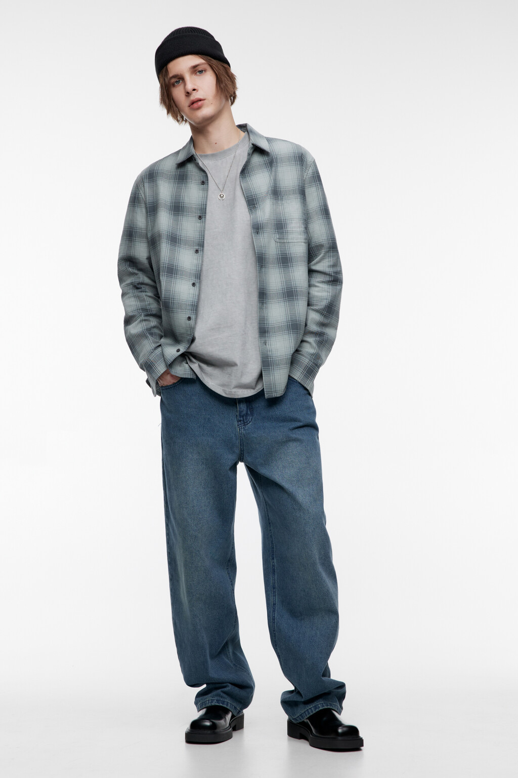 Рубашка свободная фланелевая с принтом в клетку - цвет зеленый - 5