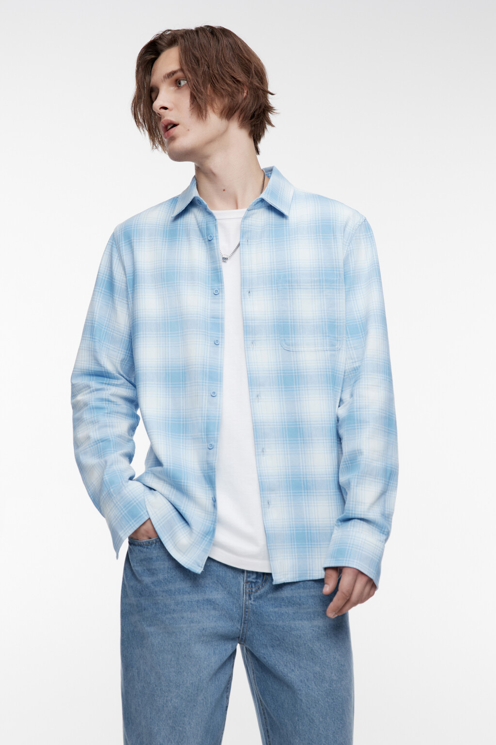 Рубашка свободная фланелевая с принтом в клетку - цвет голубой - 1