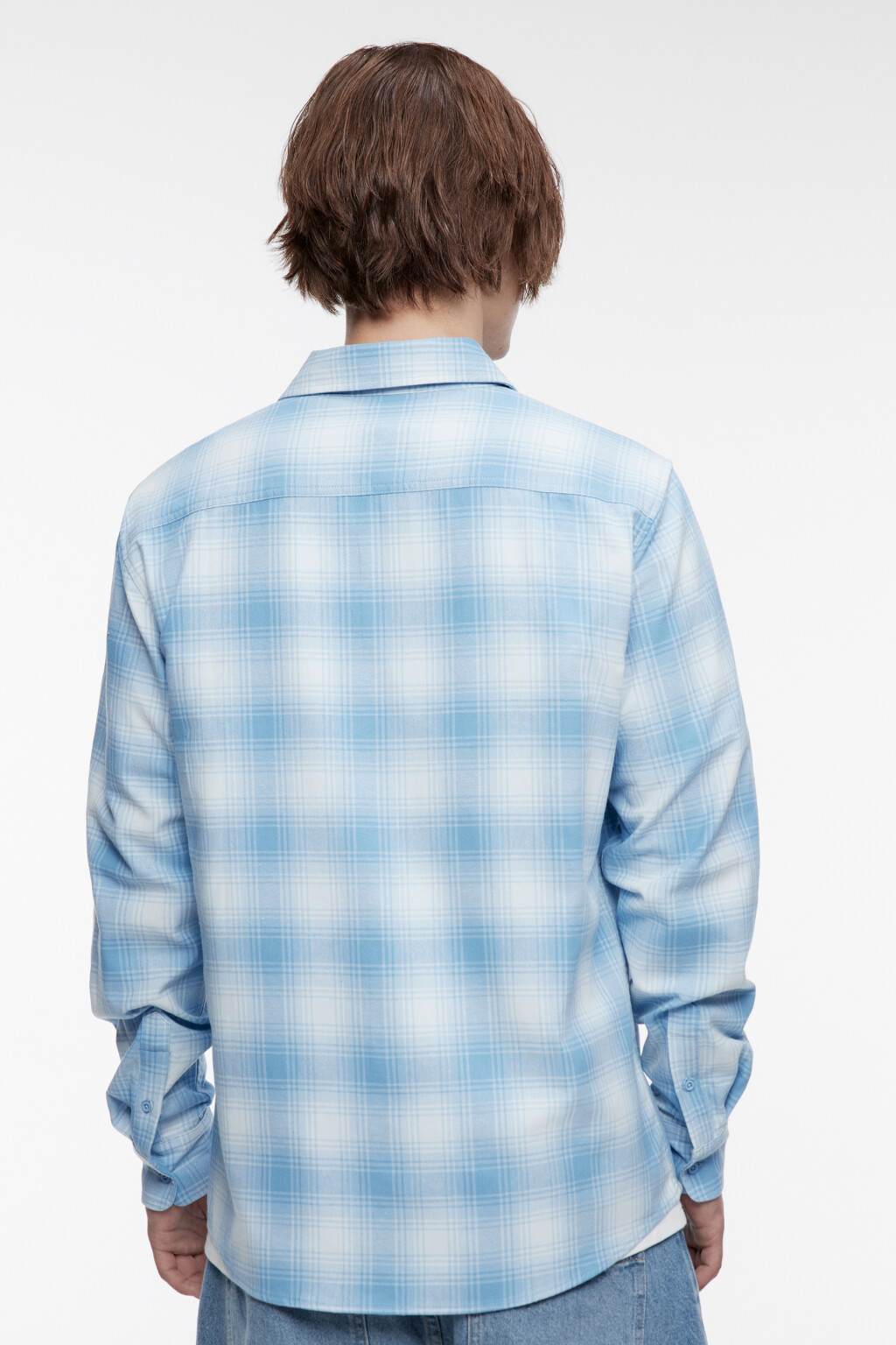 Рубашка свободная фланелевая с принтом в клетку - цвет голубой - 4