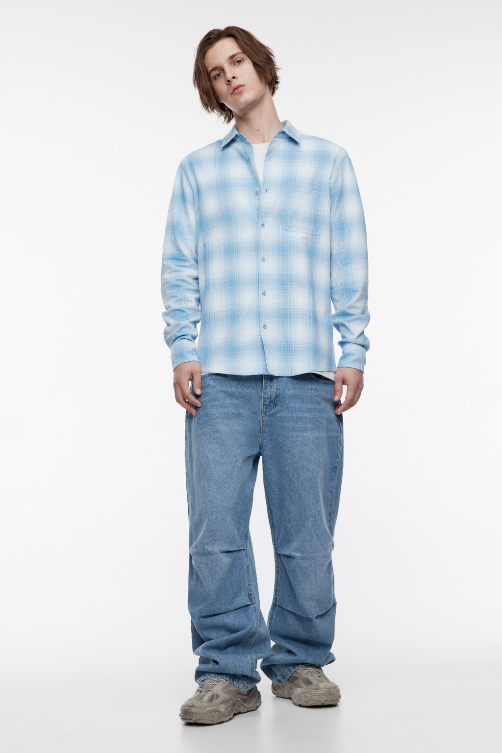Рубашка свободная фланелевая с принтом в клетку - цвет голубой - 5