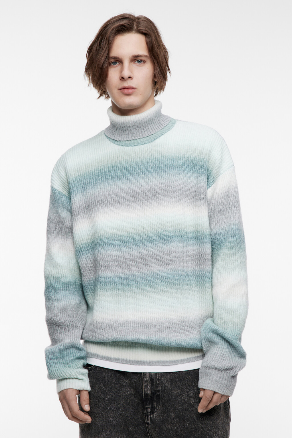 Свитер с горлом вязаный в полоску - цвет голубой - 2